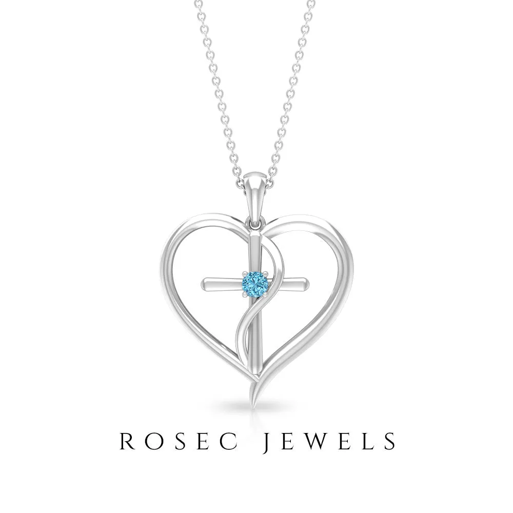 0.25 CT Aquamarine Cross Heart Pendant Necklace in Prong Setting