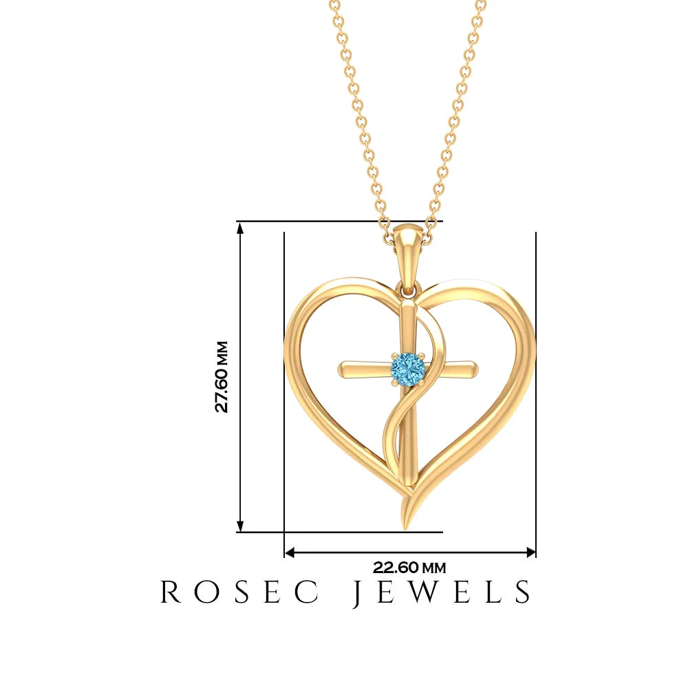 0.25 CT Aquamarine Cross Heart Pendant Necklace in Prong Setting