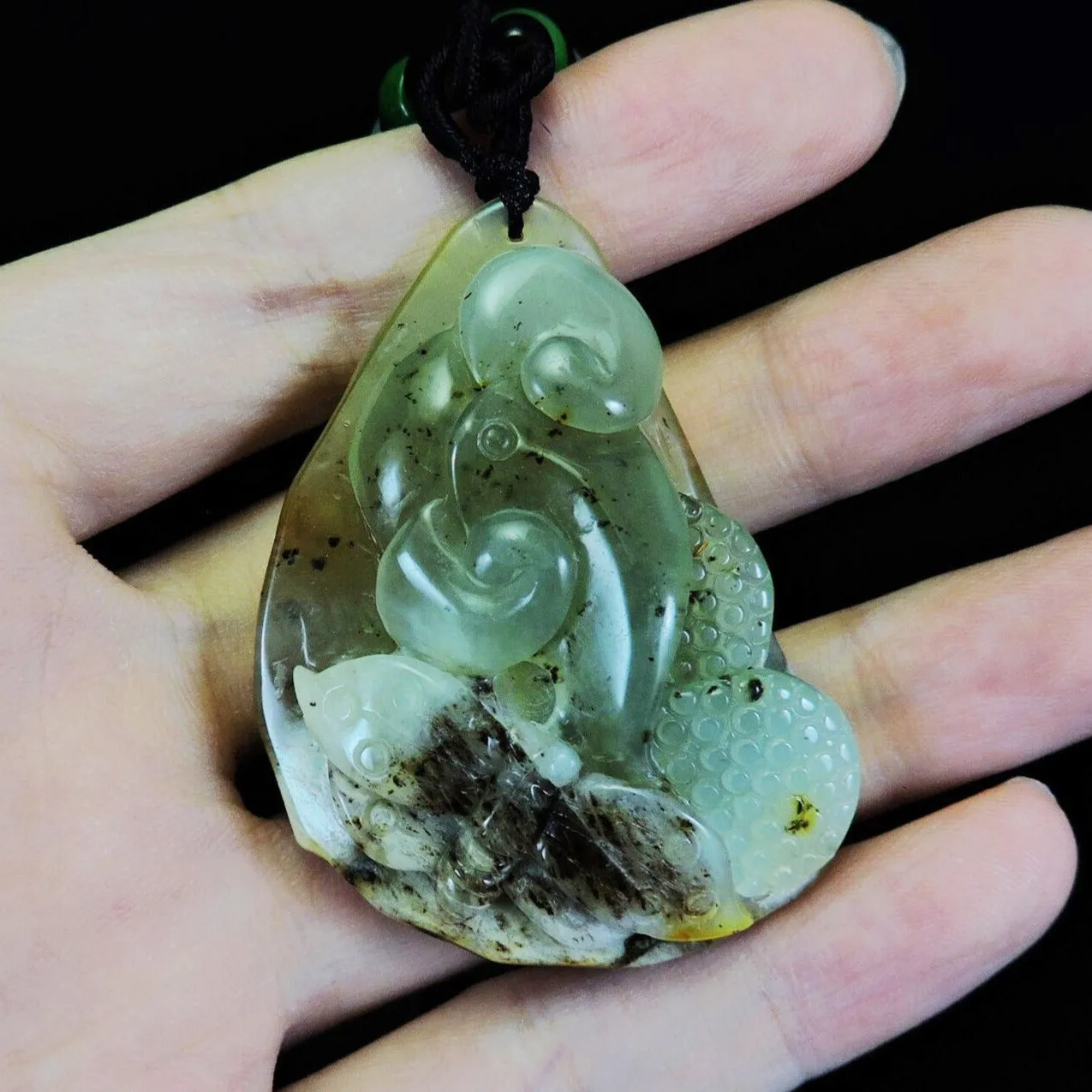 100% Natural Hand-Carved Jade Pendant Jadeite Necklace Butterfly & Ruyi