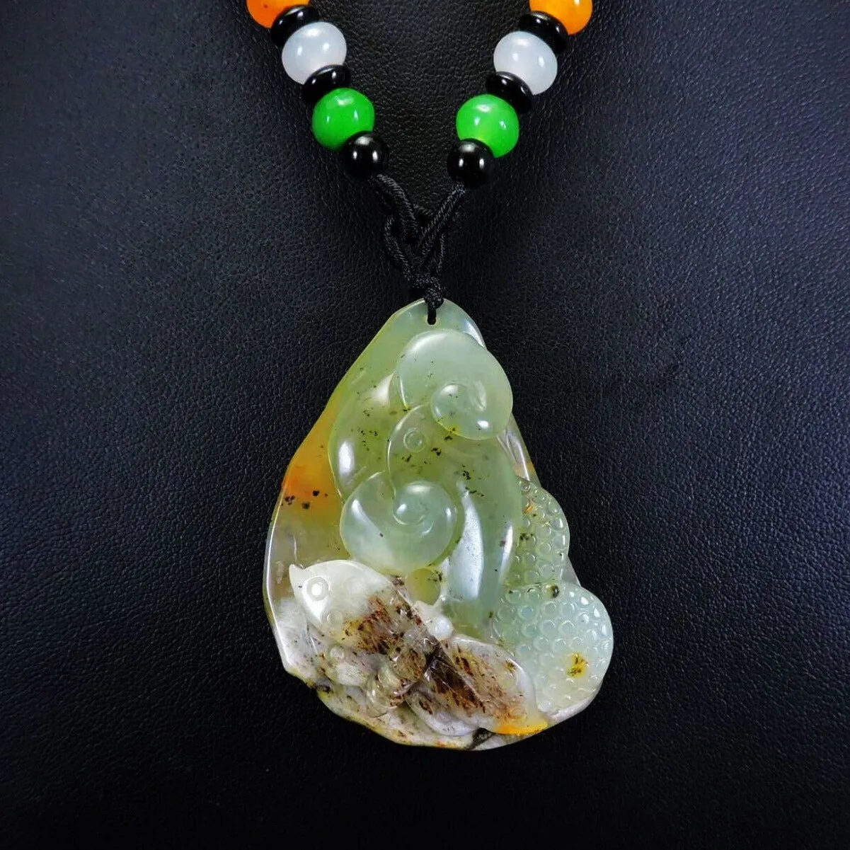 100% Natural Hand-Carved Jade Pendant Jadeite Necklace Butterfly & Ruyi