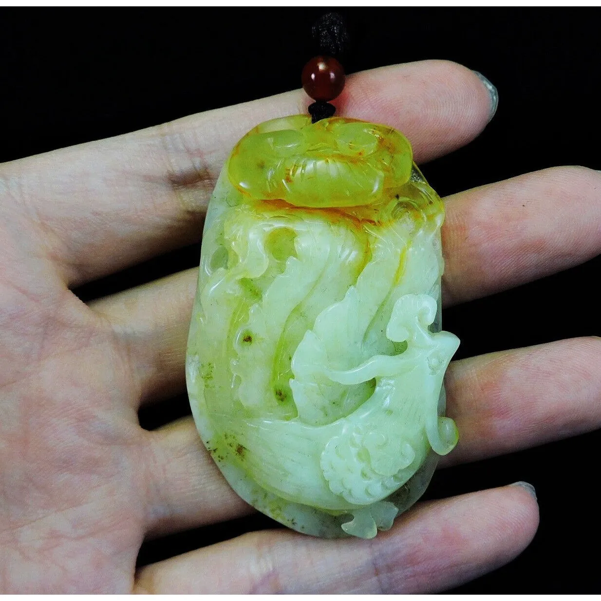 100% Natural Hand-carved Jade Pendant Jadeite Necklace Phoenix & Ruyi