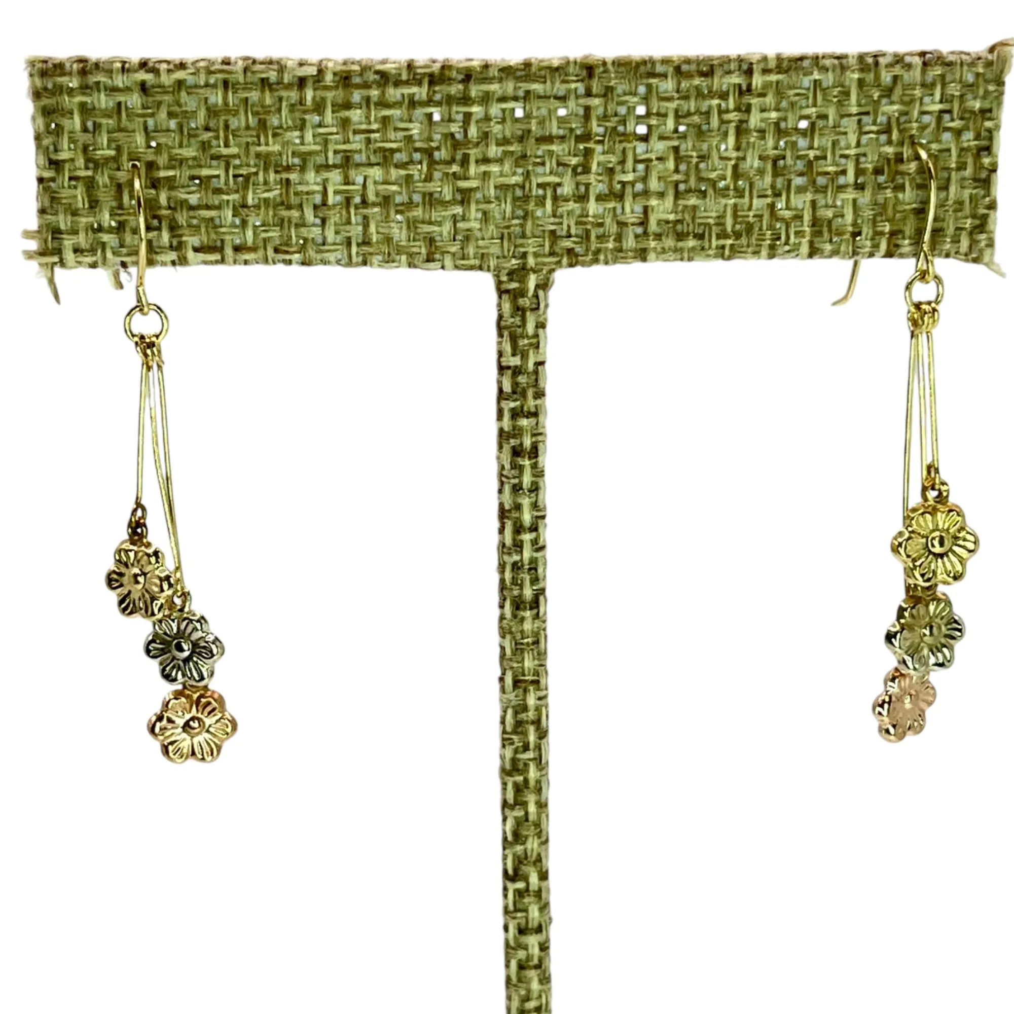 10K Gold Tri-Tone Floral Drop Dangle Earrings Flower Dainty Ditsy Minimalist