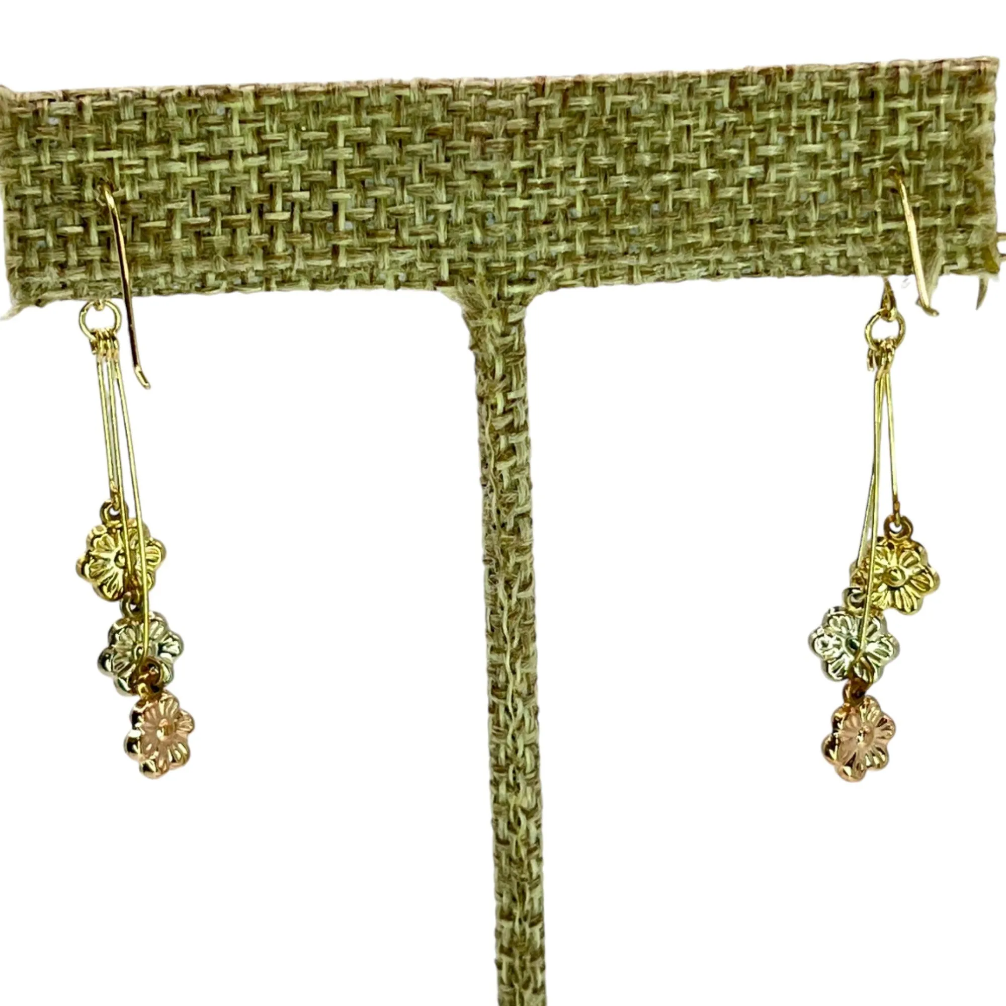 10K Gold Tri-Tone Floral Drop Dangle Earrings Flower Dainty Ditsy Minimalist