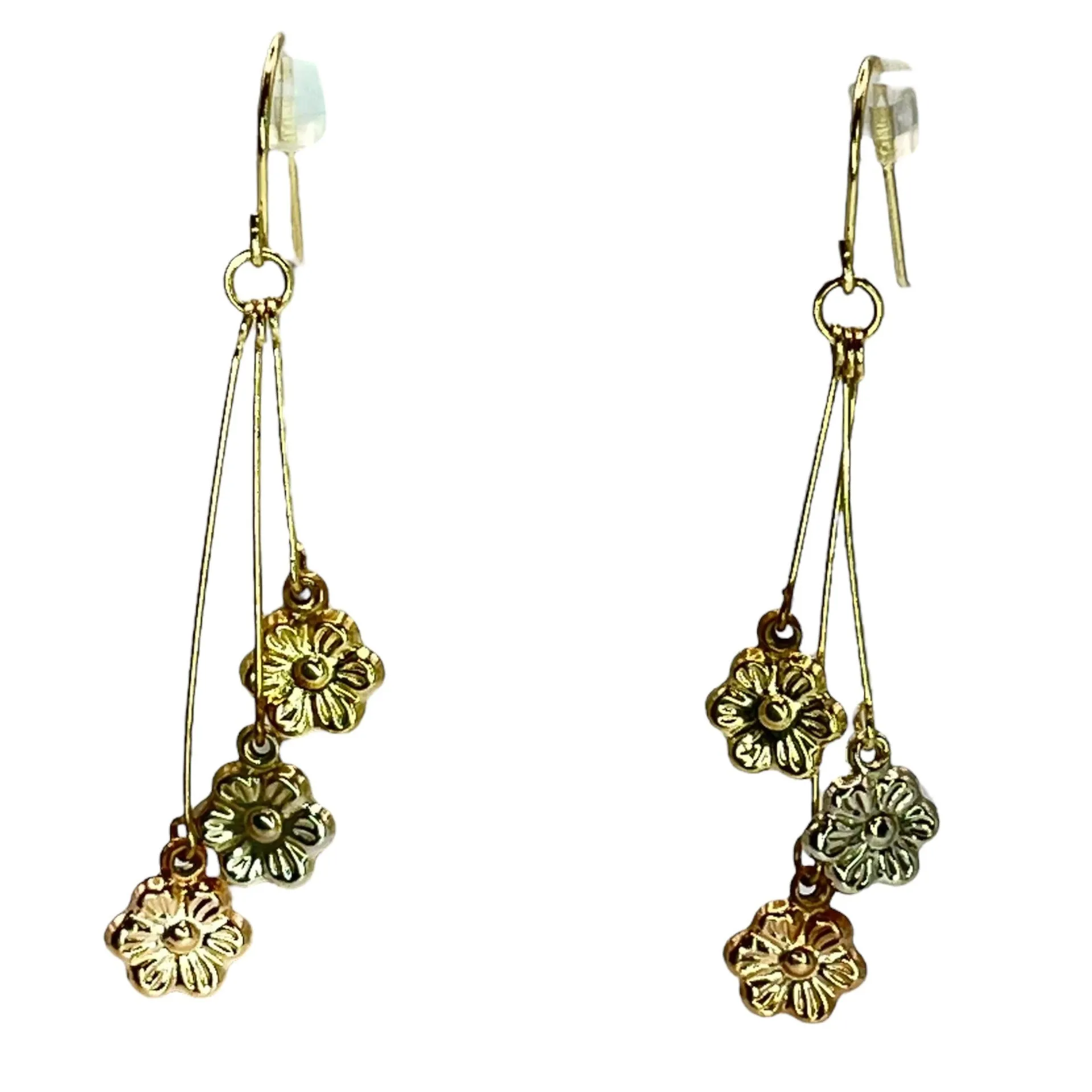 10K Gold Tri-Tone Floral Drop Dangle Earrings Flower Dainty Ditsy Minimalist