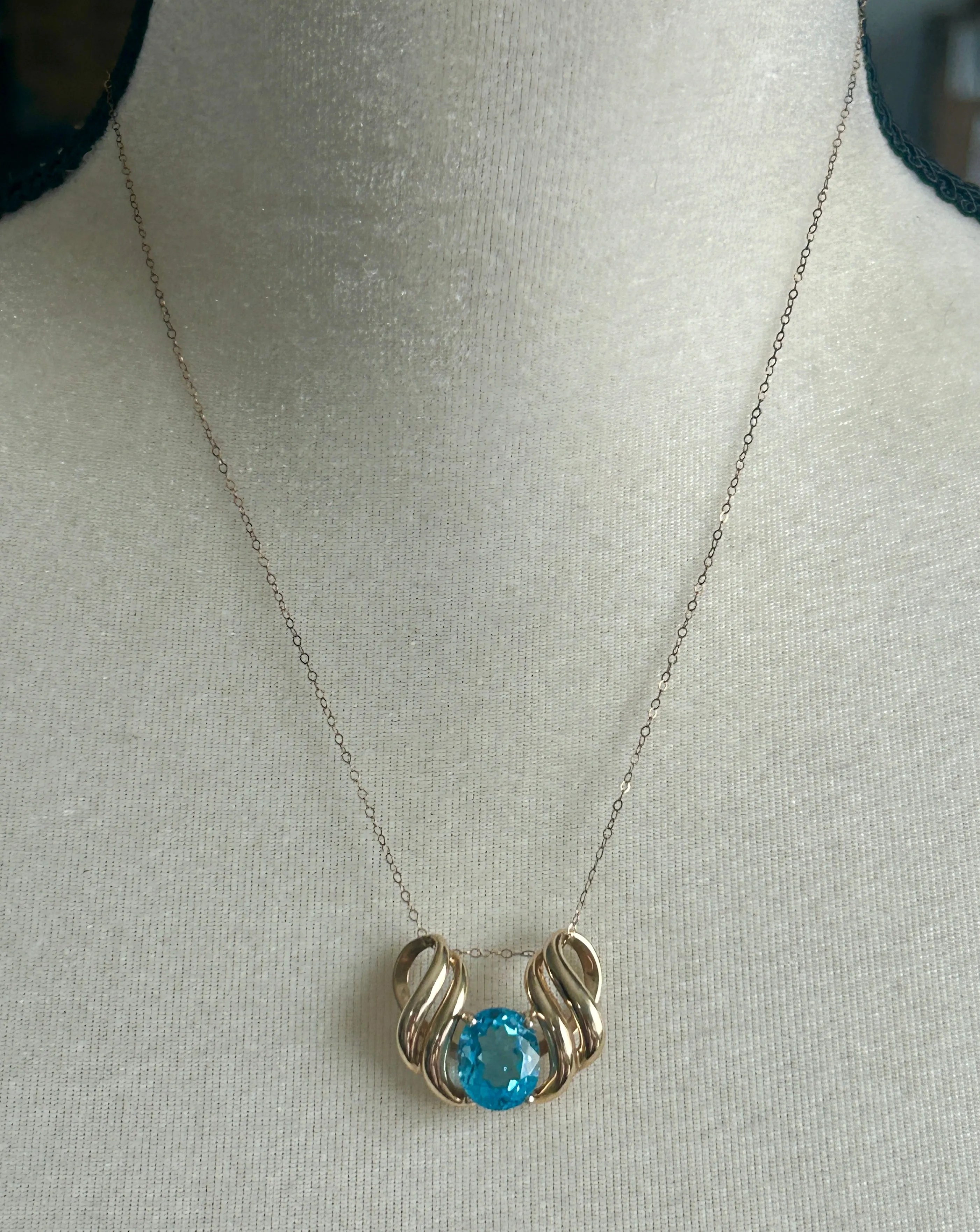 10k Yellow Gold Large Faceted Blue Topaz Slide Omega Necklace Pendant