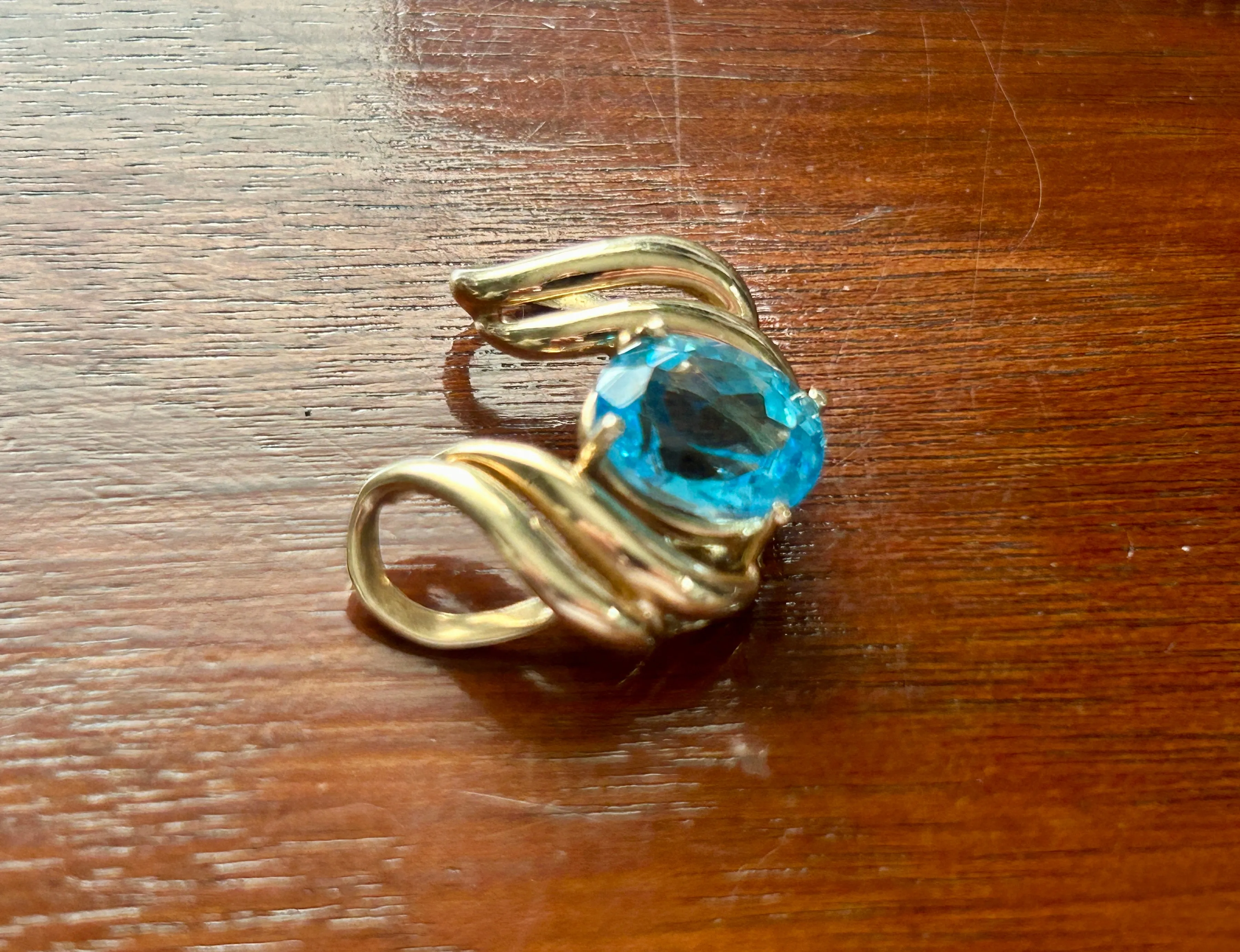 10k Yellow Gold Large Faceted Blue Topaz Slide Omega Necklace Pendant