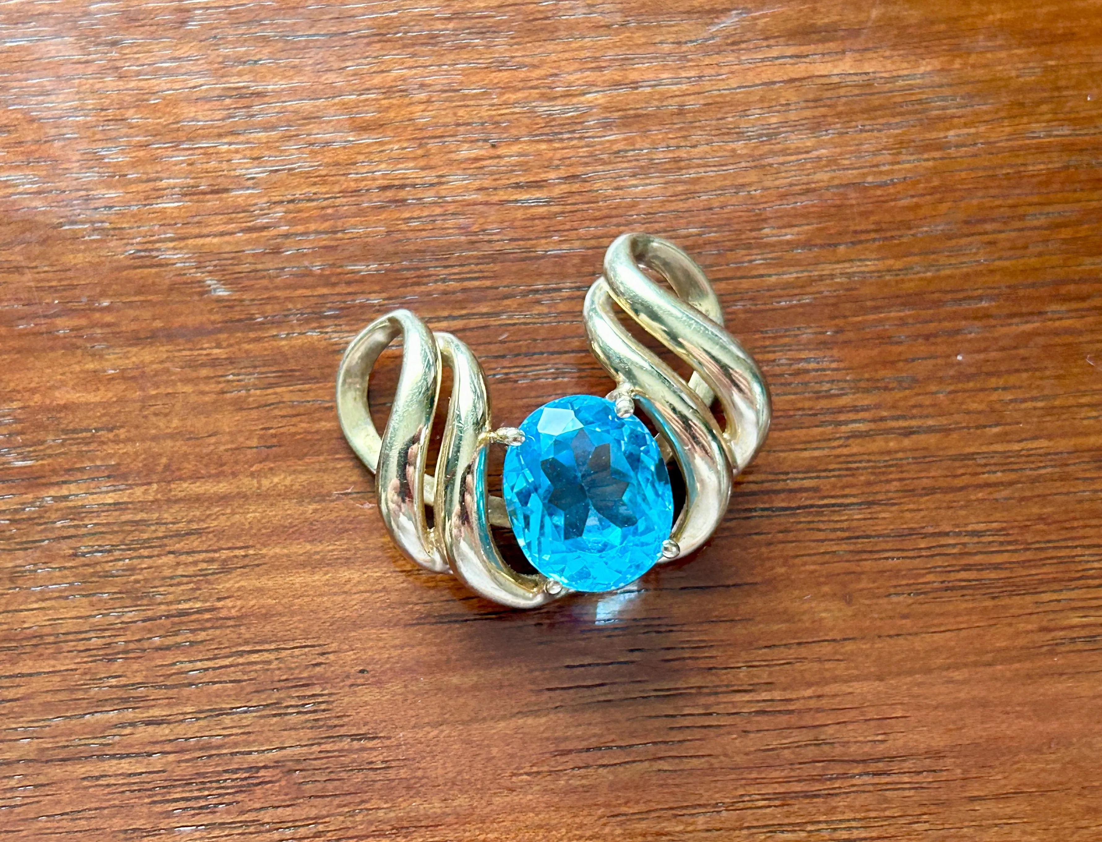 10k Yellow Gold Large Faceted Blue Topaz Slide Omega Necklace Pendant