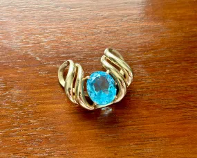 10k Yellow Gold Large Faceted Blue Topaz Slide Omega Necklace Pendant
