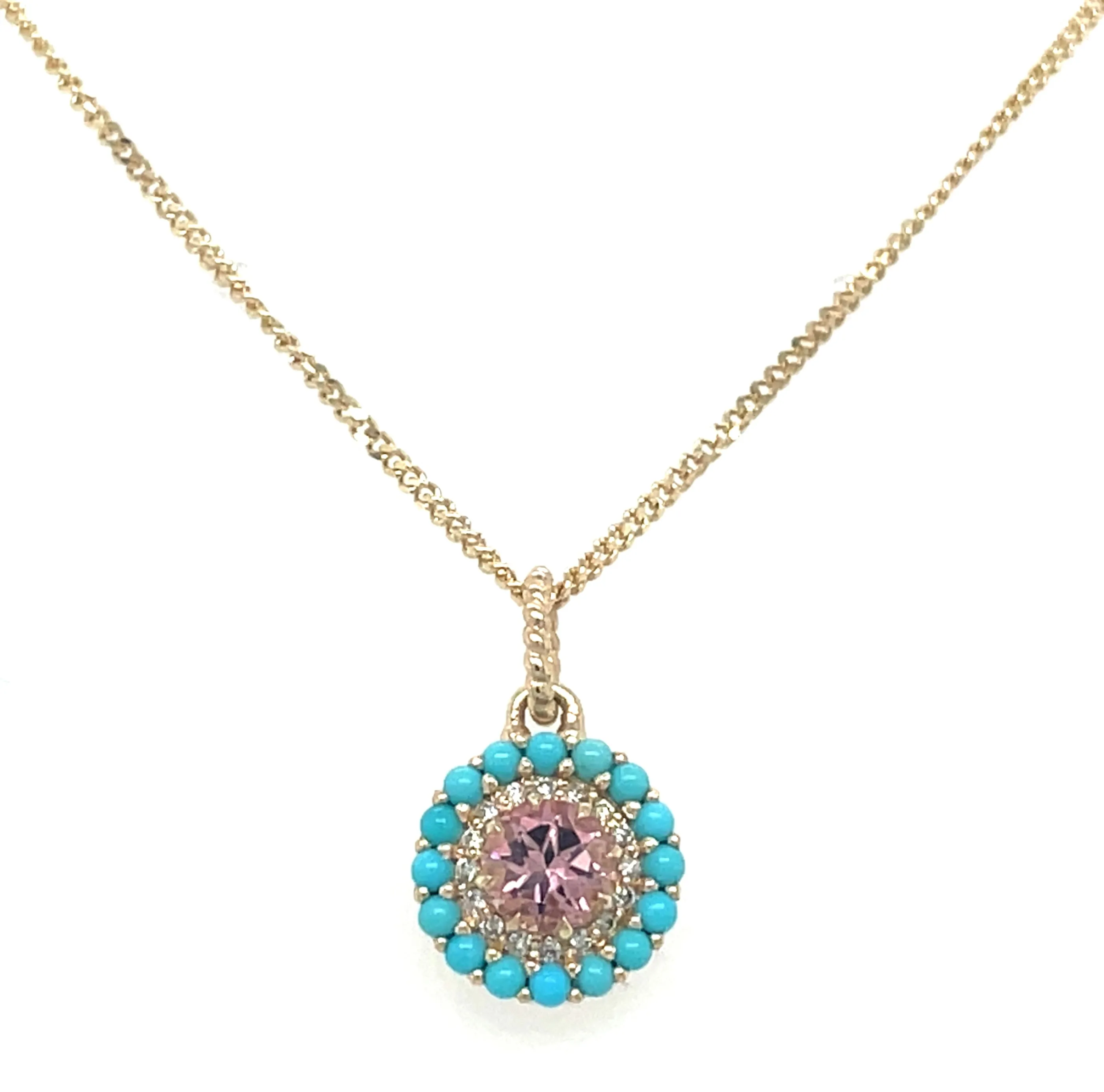 14ct Yellow Gold Earth Grown Pink Tourmaline, Turquoise and Diamond Round Necklace