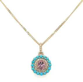 14ct Yellow Gold Earth Grown Pink Tourmaline, Turquoise and Diamond Round Necklace