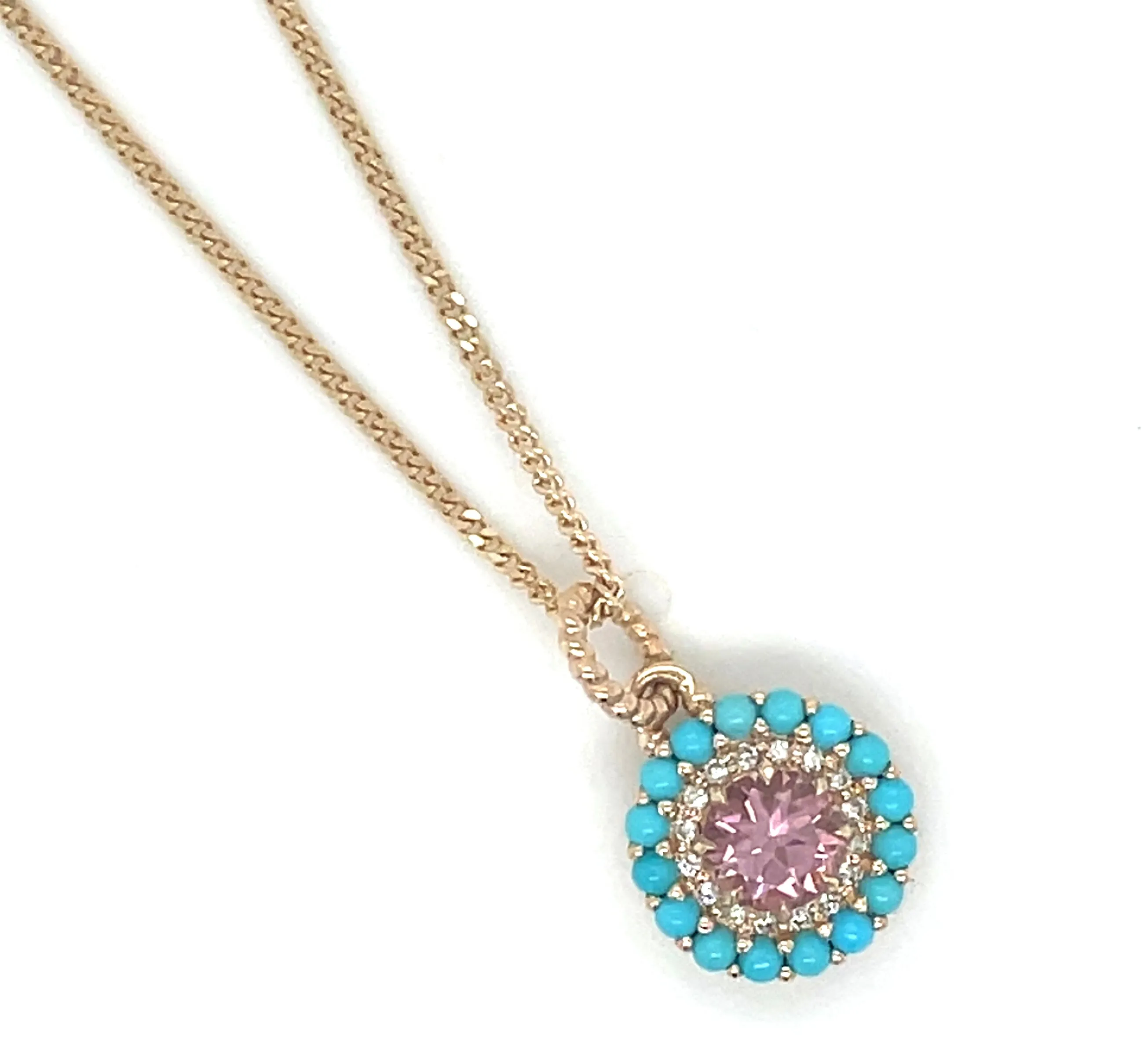 14ct Yellow Gold Earth Grown Pink Tourmaline, Turquoise and Diamond Round Necklace