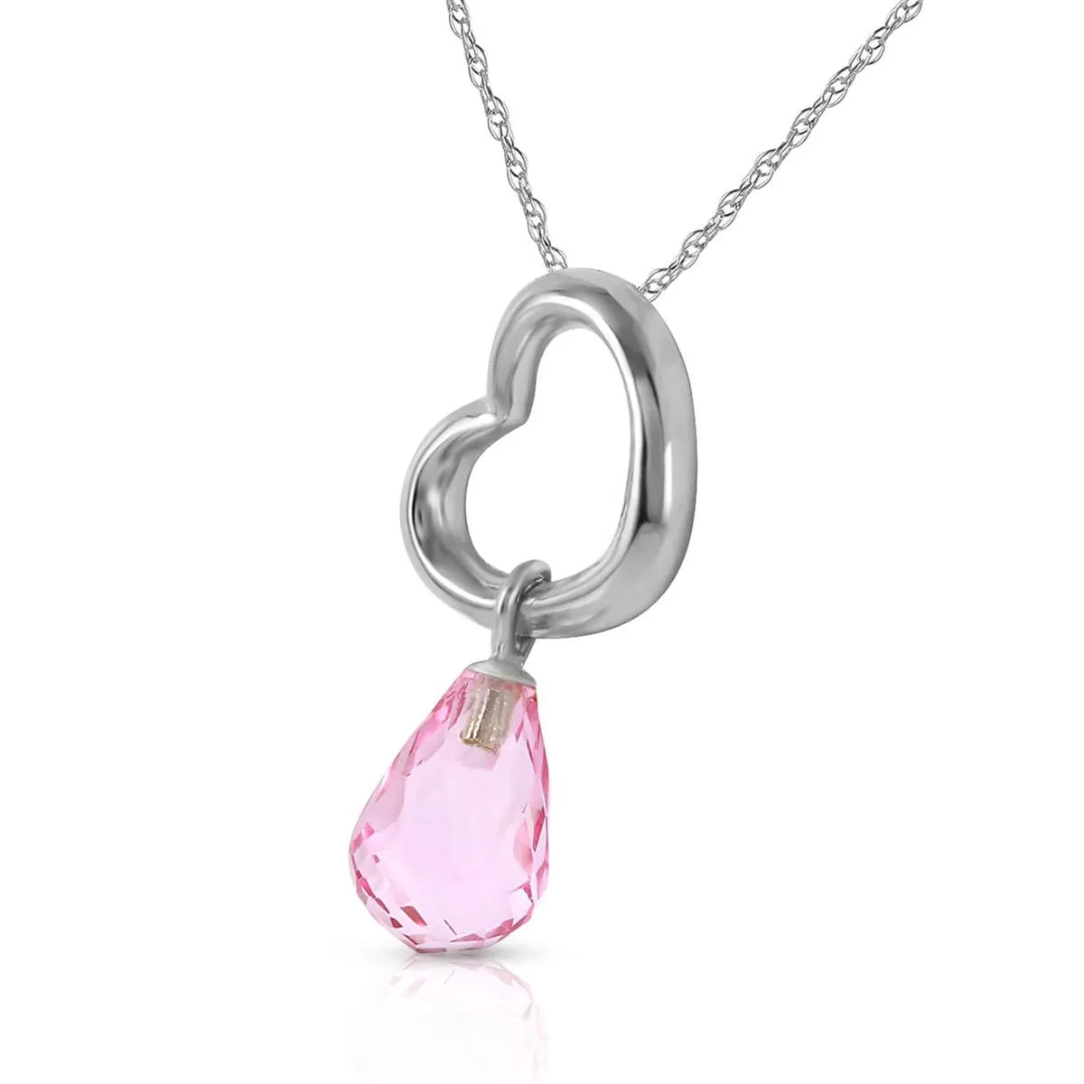14K Solid White Gold Heart Necklace w/ Dangling Natural Pink Topaz