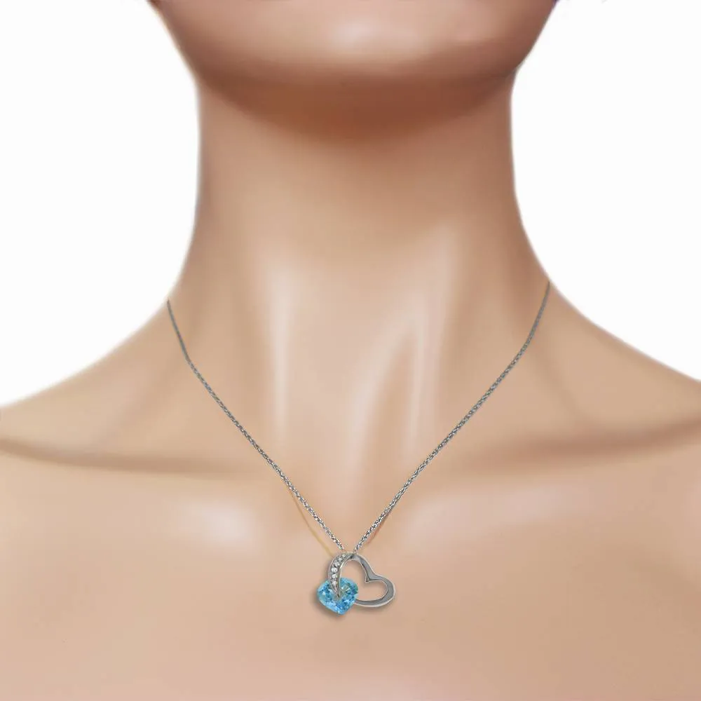 14K Solid White Gold Heart Necklace w/ Natural Diamonds & Blue Topaz