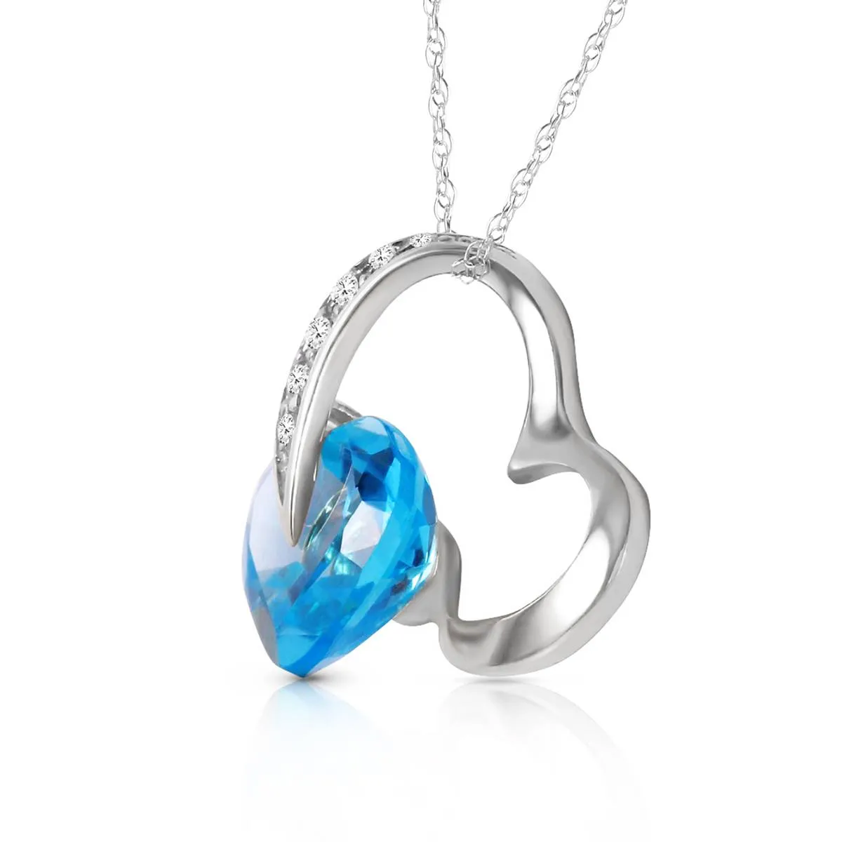 14K Solid White Gold Heart Necklace w/ Natural Diamonds & Blue Topaz