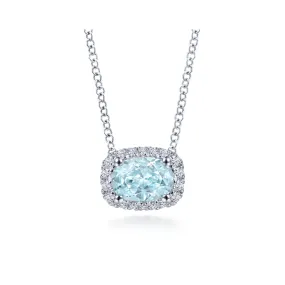 14K White Gold Diamond Rectangle Halo and Oval Aquamarine Necklace