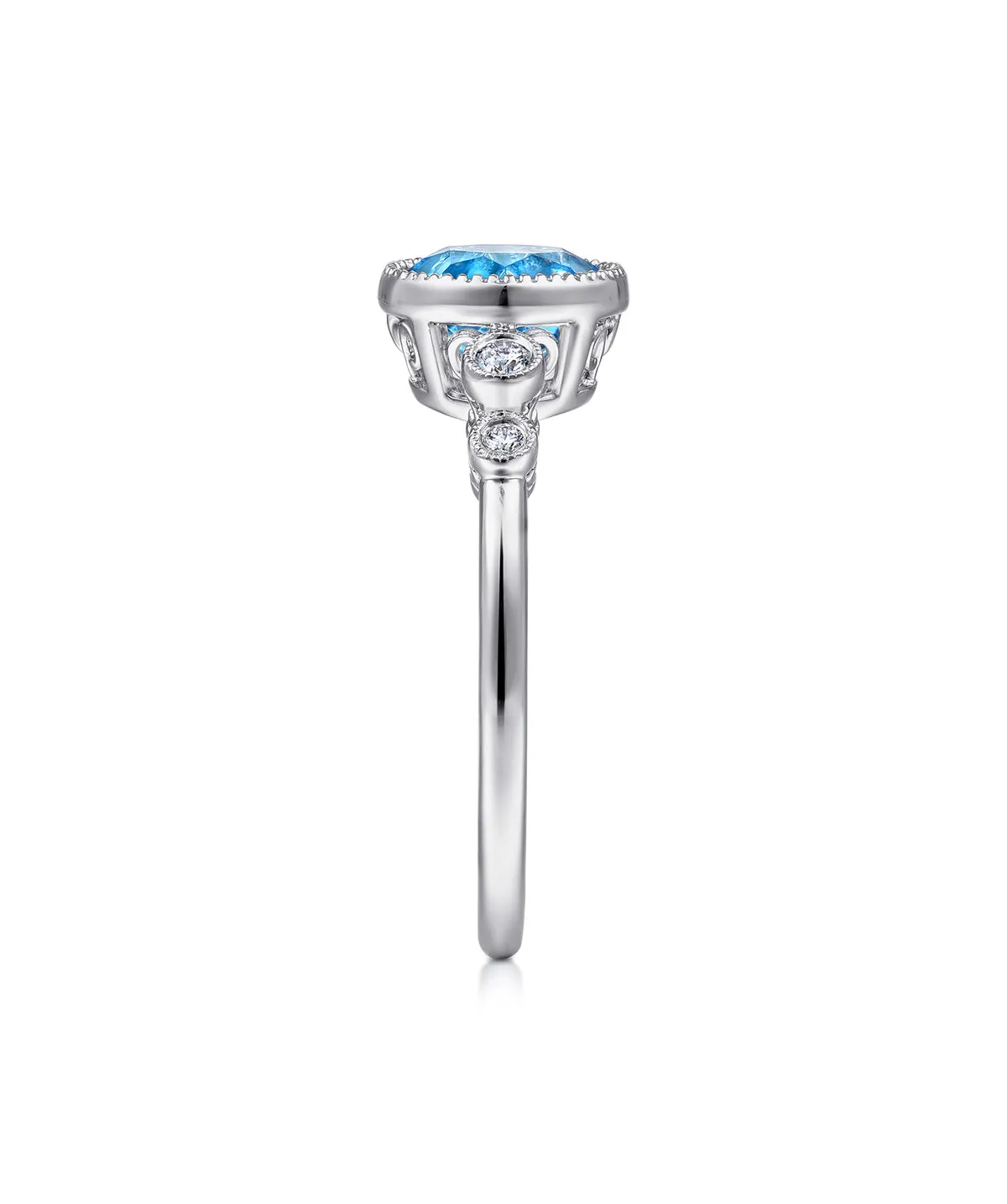 14K White Gold Round Bezel Set Blue Topaz and Diamond Ring