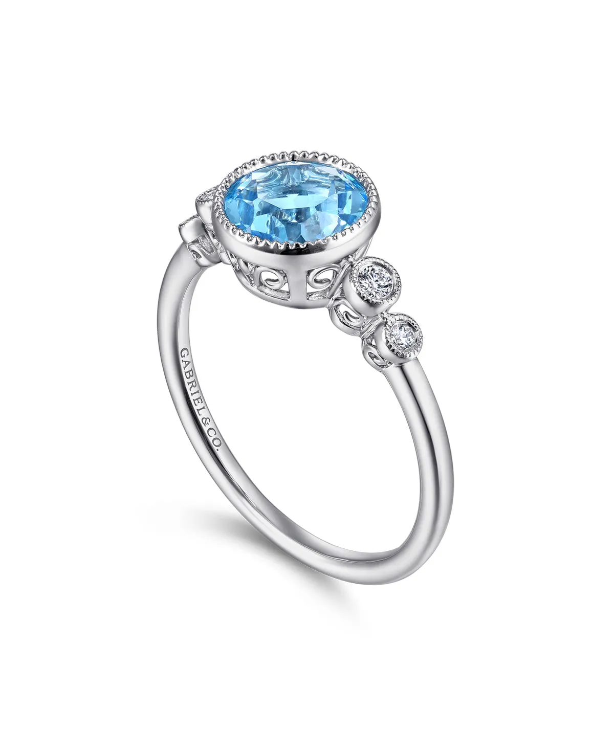 14K White Gold Round Bezel Set Blue Topaz and Diamond Ring