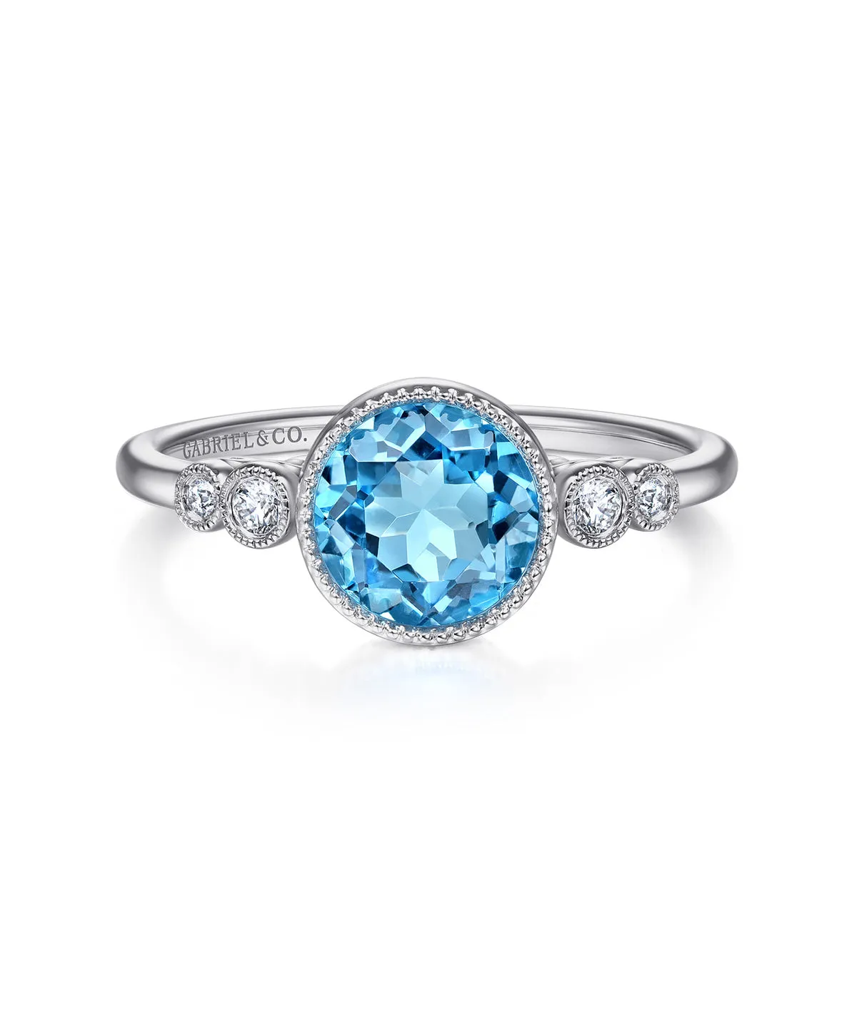 14K White Gold Round Bezel Set Blue Topaz and Diamond Ring
