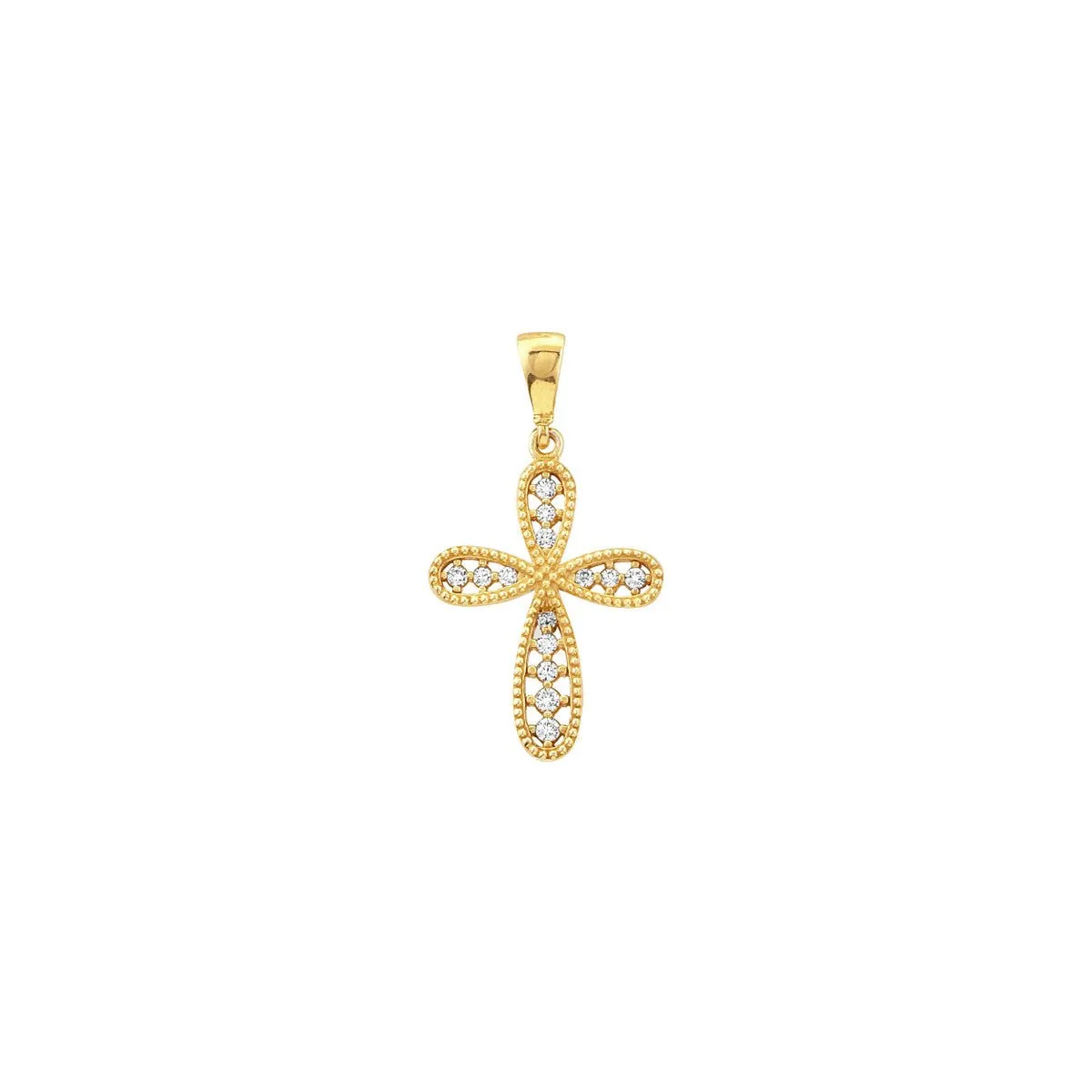 14K Yellow Gold CZ Beaded Filigree Cross Pendant