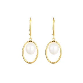 14K Yellow Gold Oval and Cultured Freshwater Pearl Dangle Earrings
