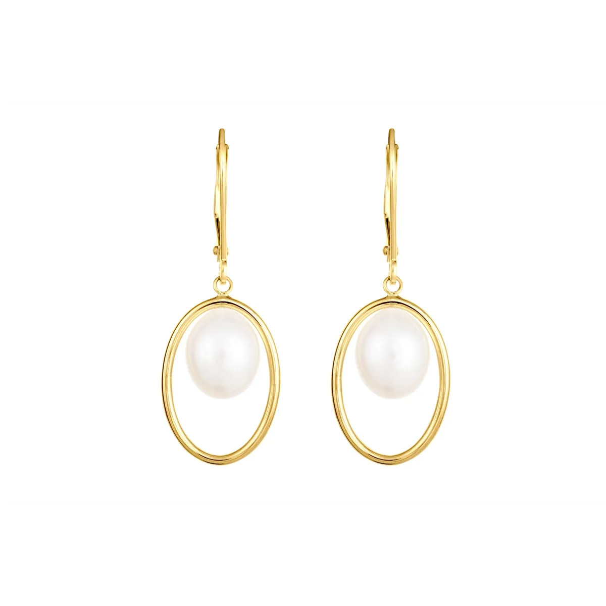 14K Yellow Gold Oval and Cultured Freshwater Pearl Dangle Earrings