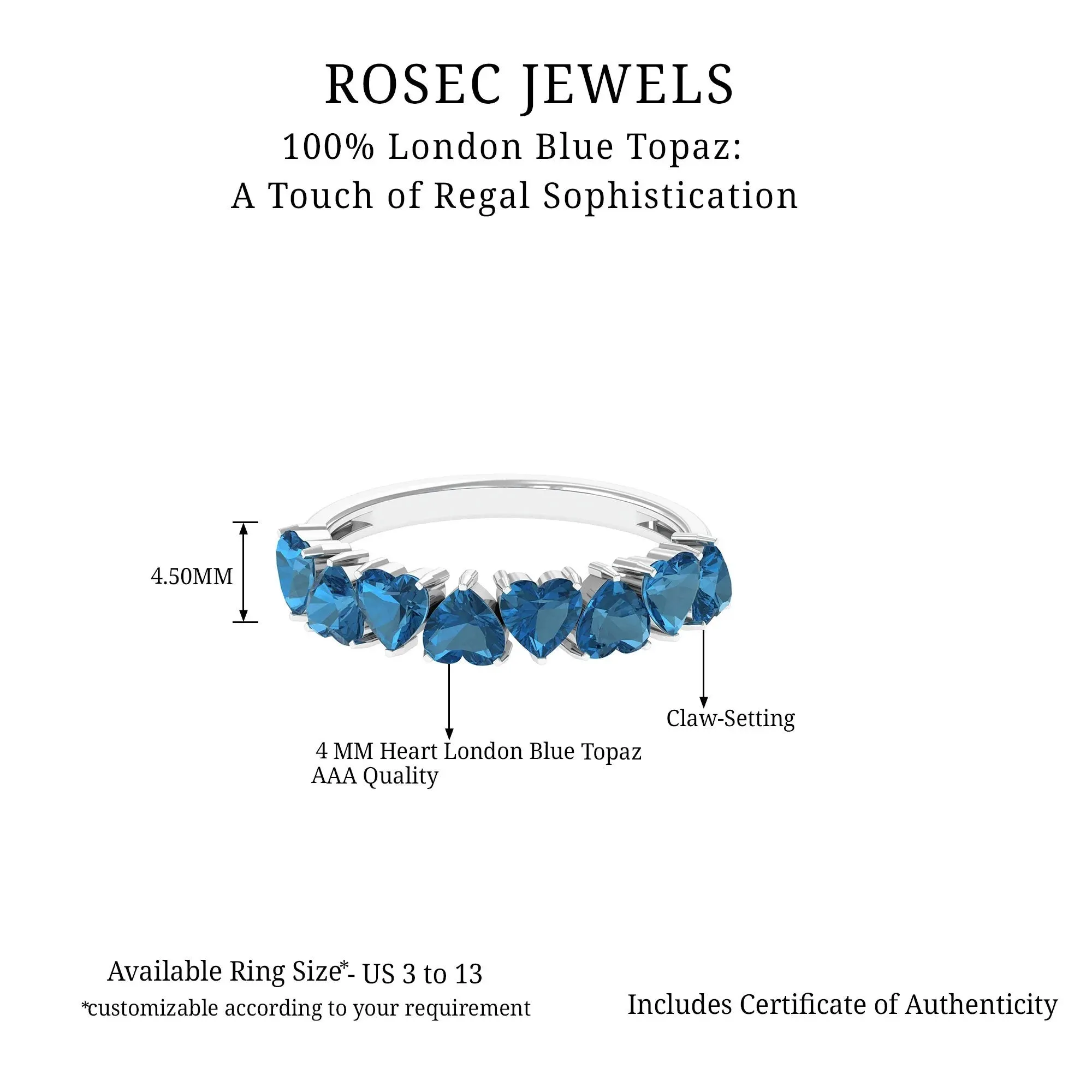 1.75 CT Heart Shape London Blue Topaz Half Eternity Band Ring in Prong Setting for Women