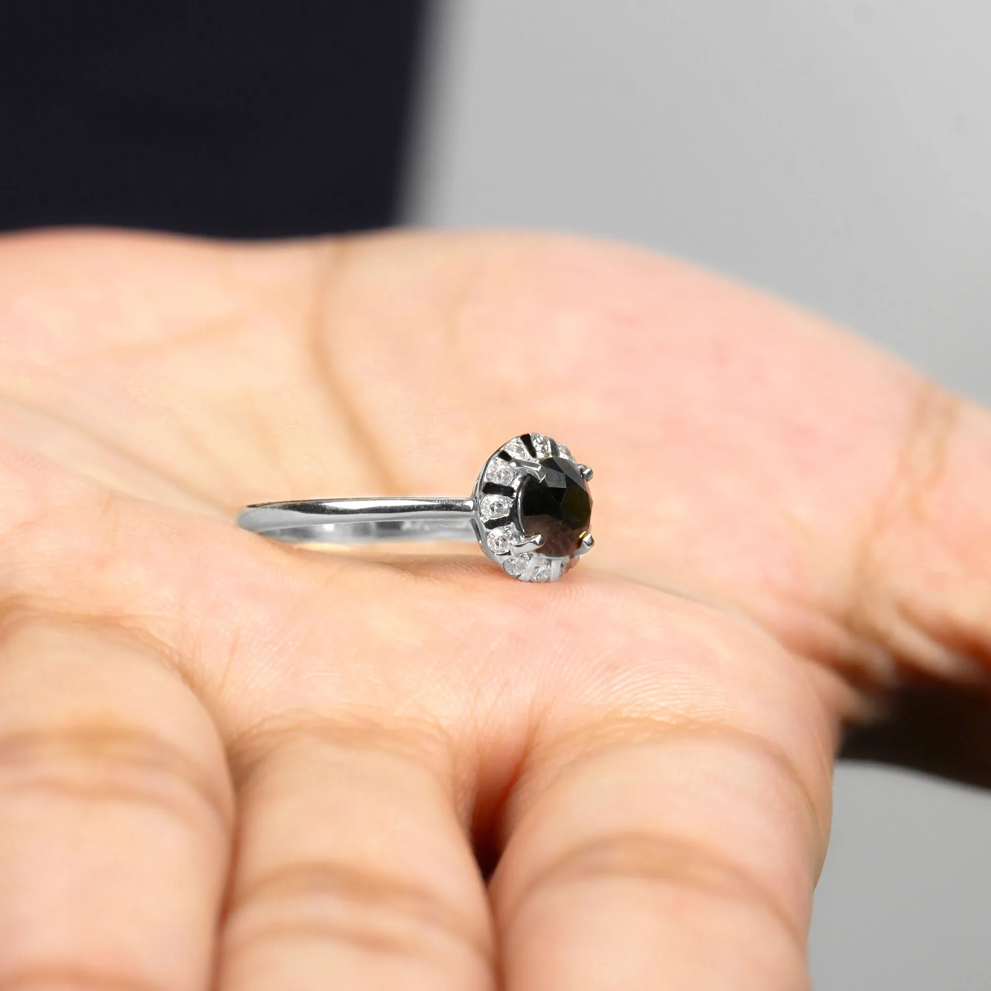 1.75 CT Lab Created Black Diamond Promise Ring with Diamond Halo