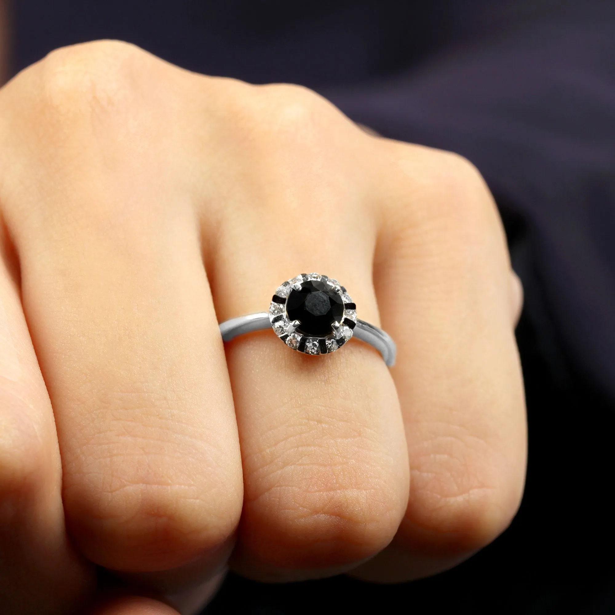 1.75 CT Lab Created Black Diamond Promise Ring with Diamond Halo