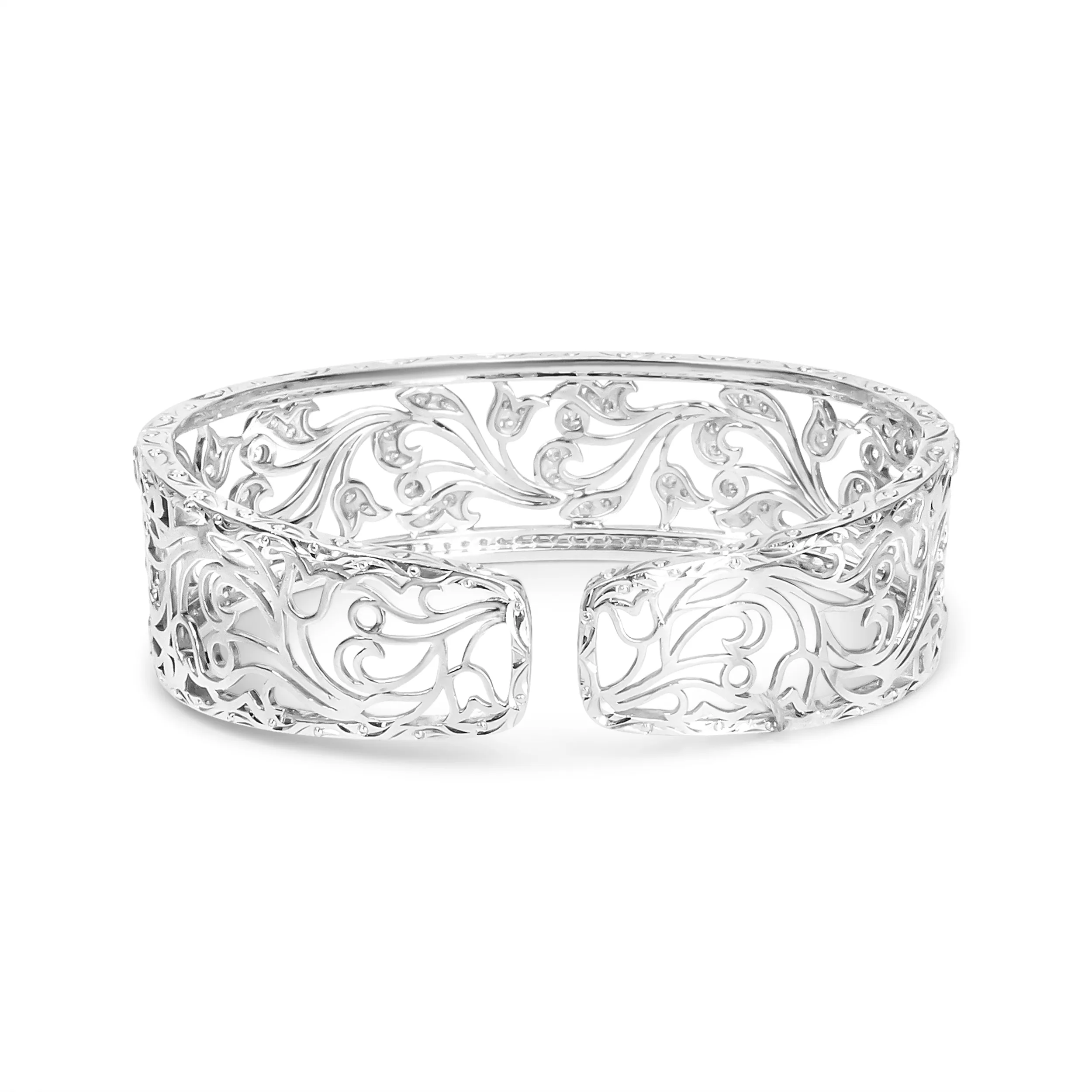 18K White Gold 3 1/4 Cttw Pave Diamond Openwork Floral Filigree Swirl Bangle Cuff Bracelet