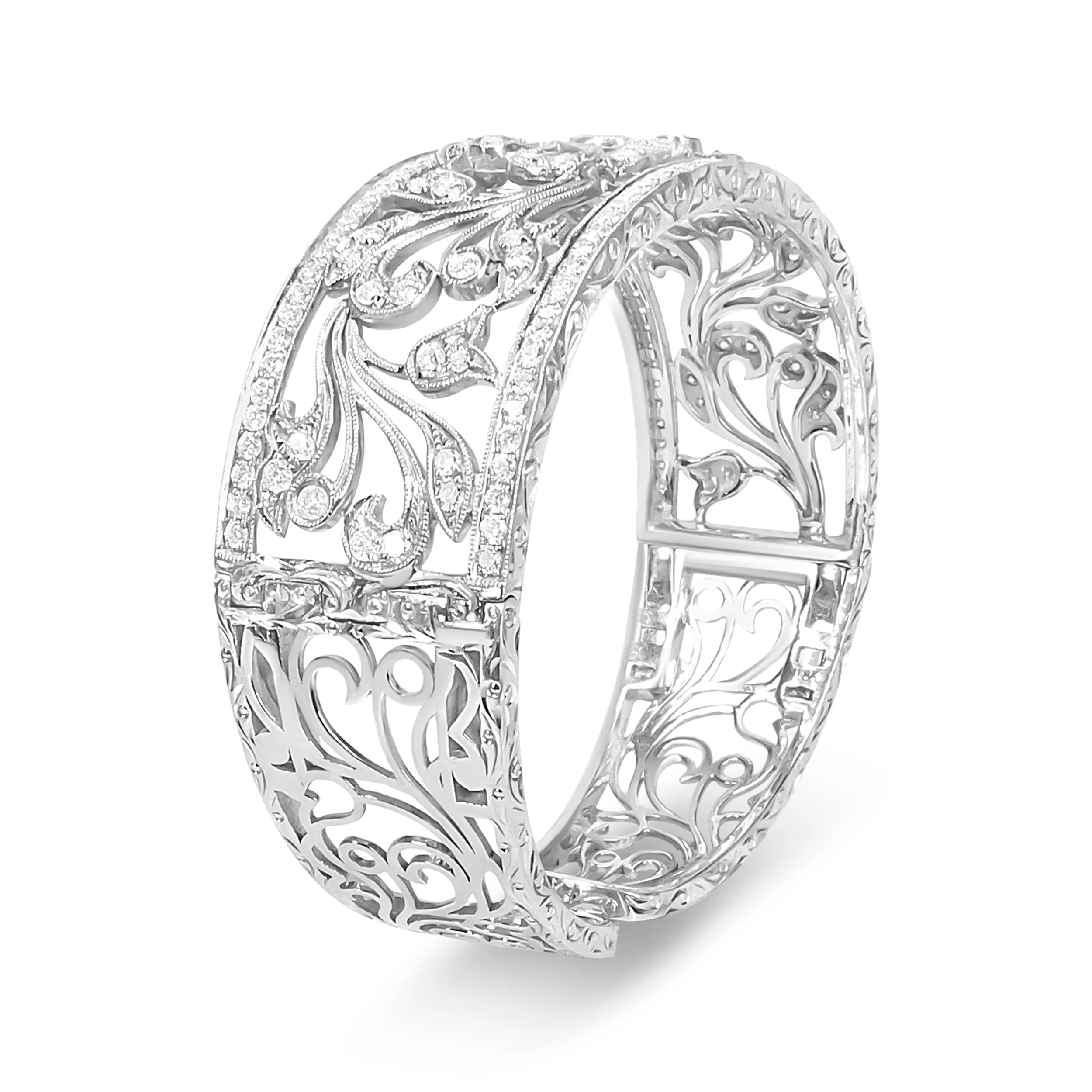 18K White Gold 3 1/4 Cttw Pave Diamond Openwork Floral Filigree Swirl Bangle Cuff Bracelet