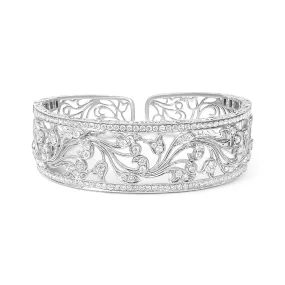 18K White Gold 3 1/4 Cttw Pave Diamond Openwork Floral Filigree Swirl Bangle Cuff Bracelet