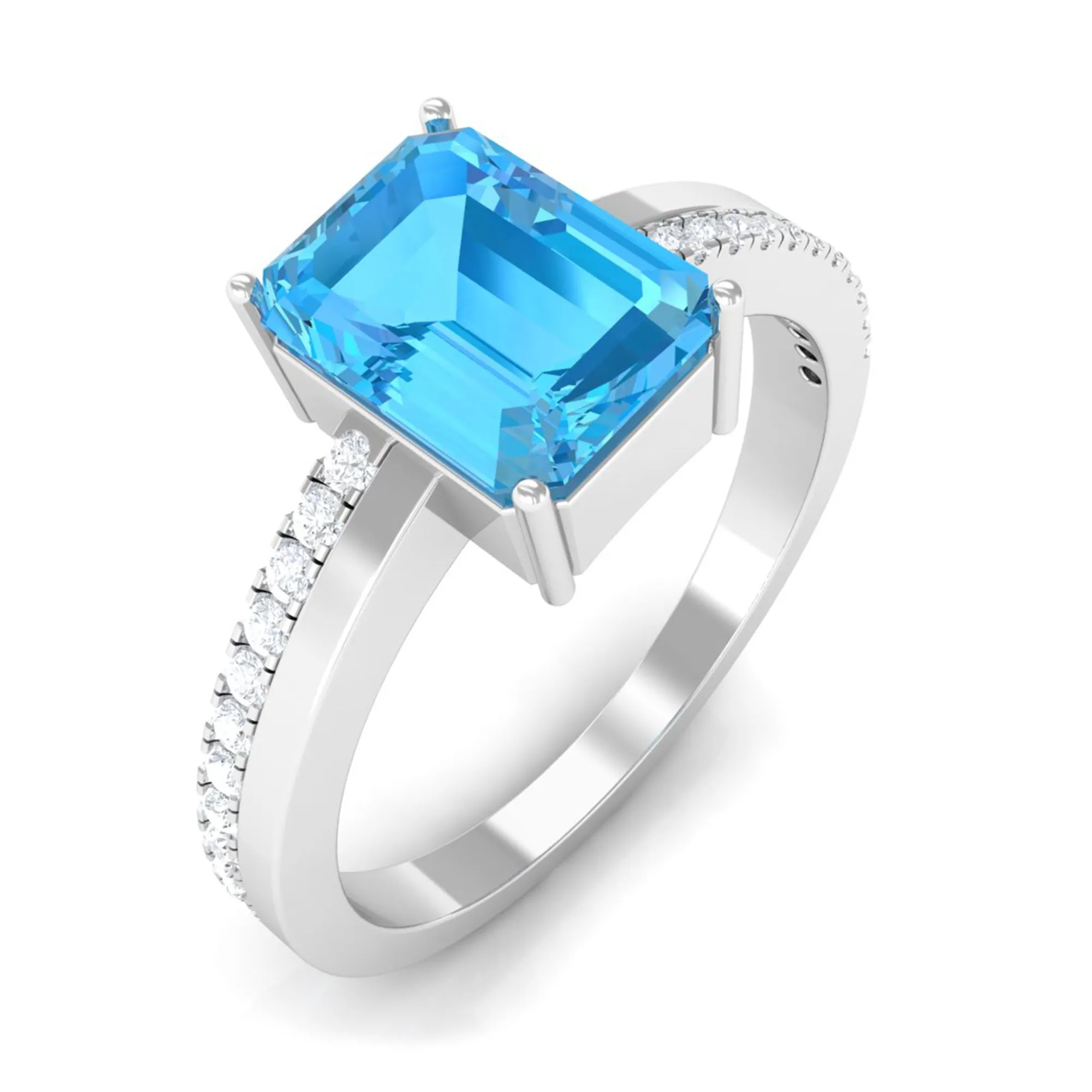 2.25 CT Two Tone Swiss Blue Topaz Solitaire with Diamond Side Stone Ring