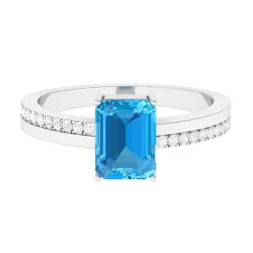 2.25 CT Two Tone Swiss Blue Topaz Solitaire with Diamond Side Stone Ring