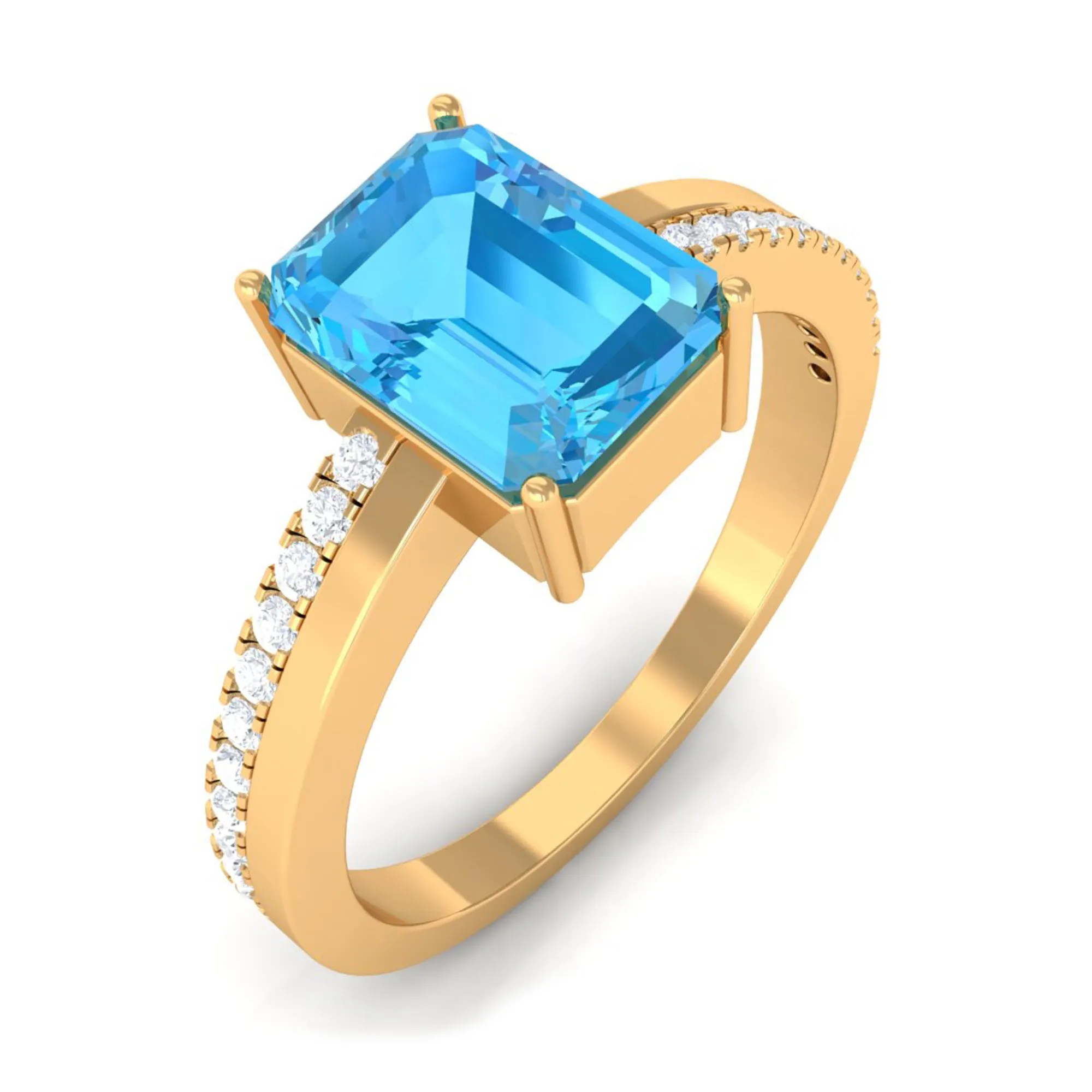 2.25 CT Two Tone Swiss Blue Topaz Solitaire with Diamond Side Stone Ring