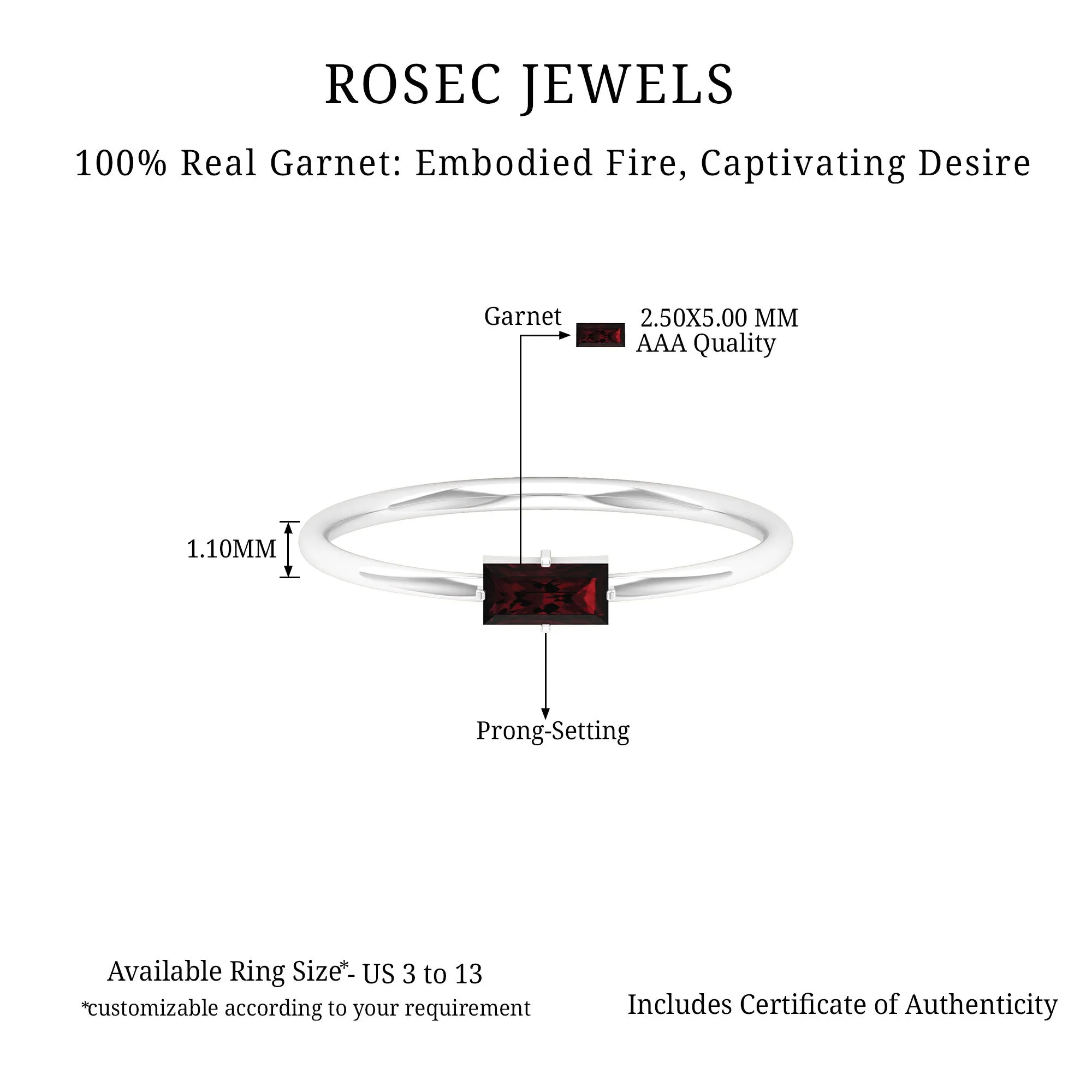 2.5X5 MM Baguette Cut Garnet Solitaire Ring in 4 Prong Diagonal Setting