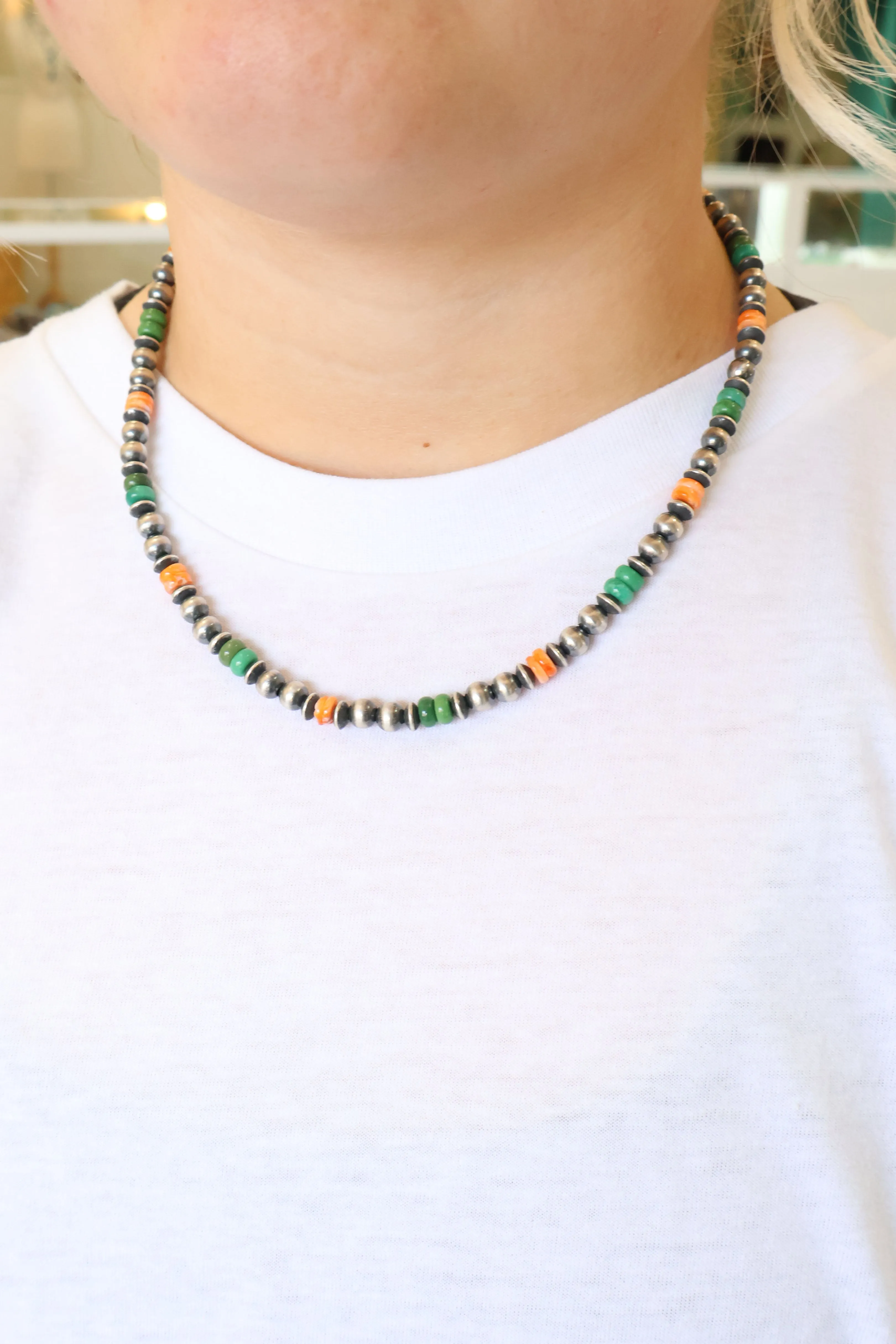 6mm Navajo Pearls - Orange Spiny Oyster/Green Turquoise