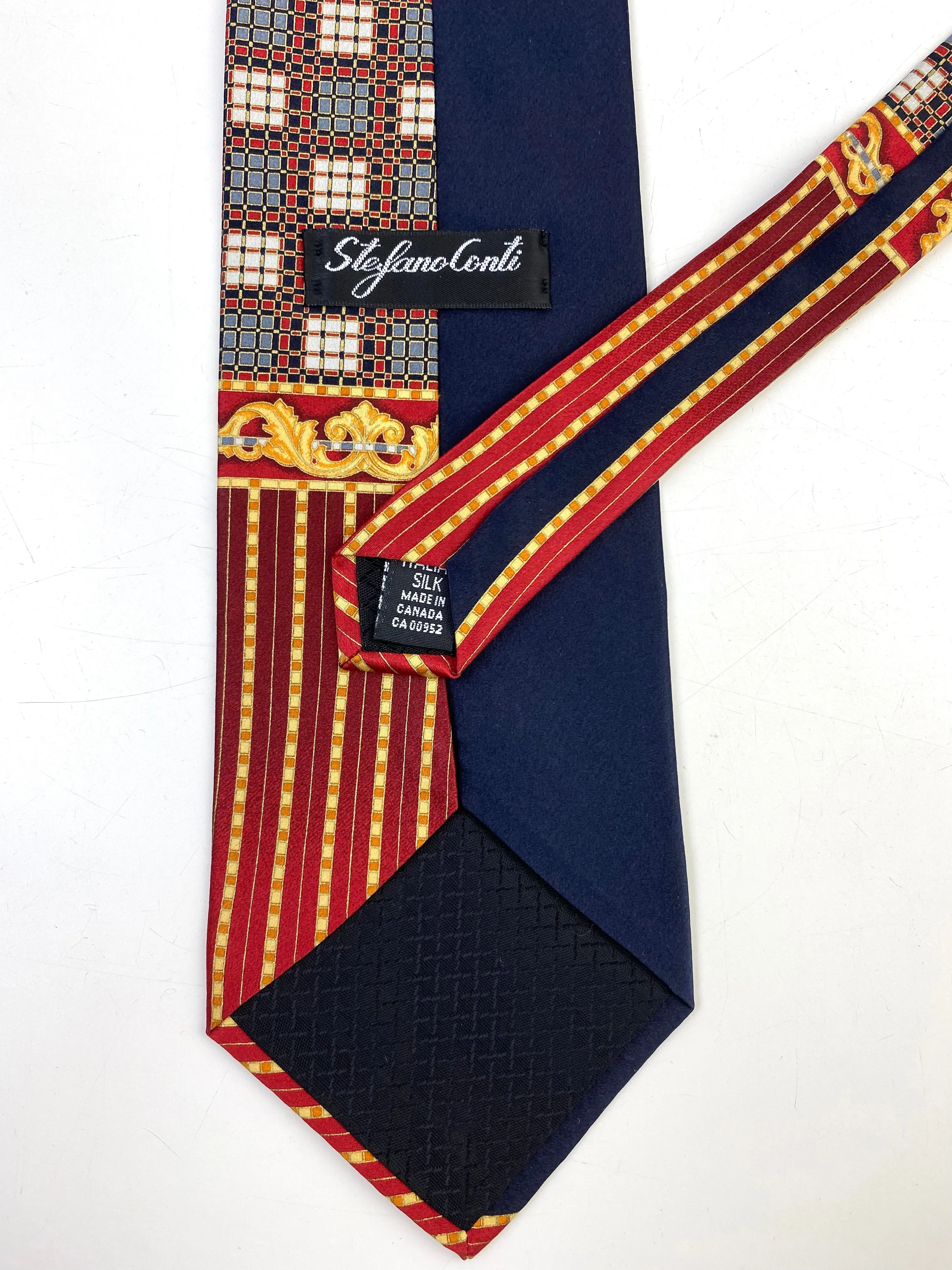 90s Deadstock Silk Necktie, Men's Vintage Gold/Navy/Red Stripe Filigree Pattern Tie, NOS