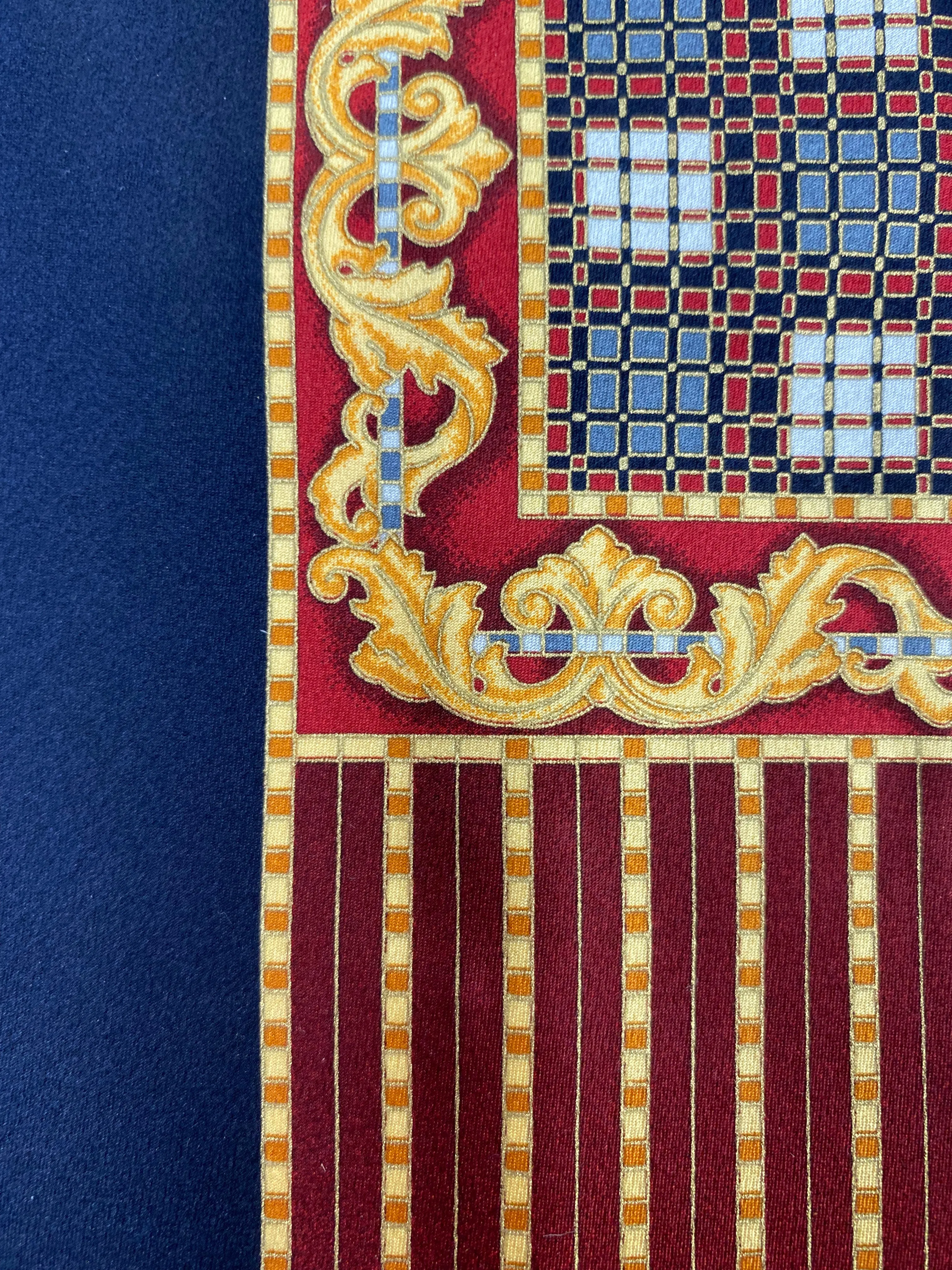 90s Deadstock Silk Necktie, Men's Vintage Gold/Navy/Red Stripe Filigree Pattern Tie, NOS