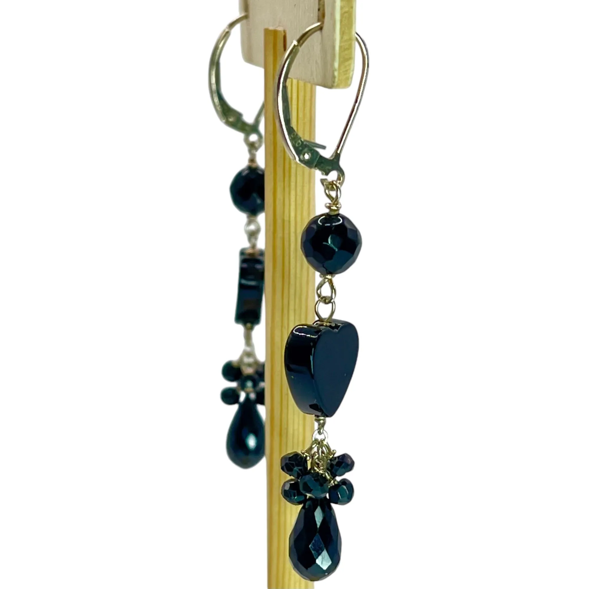 925 Sterling Silver Beaded Dangle Drop Lever back Earrings Heart Black Statement