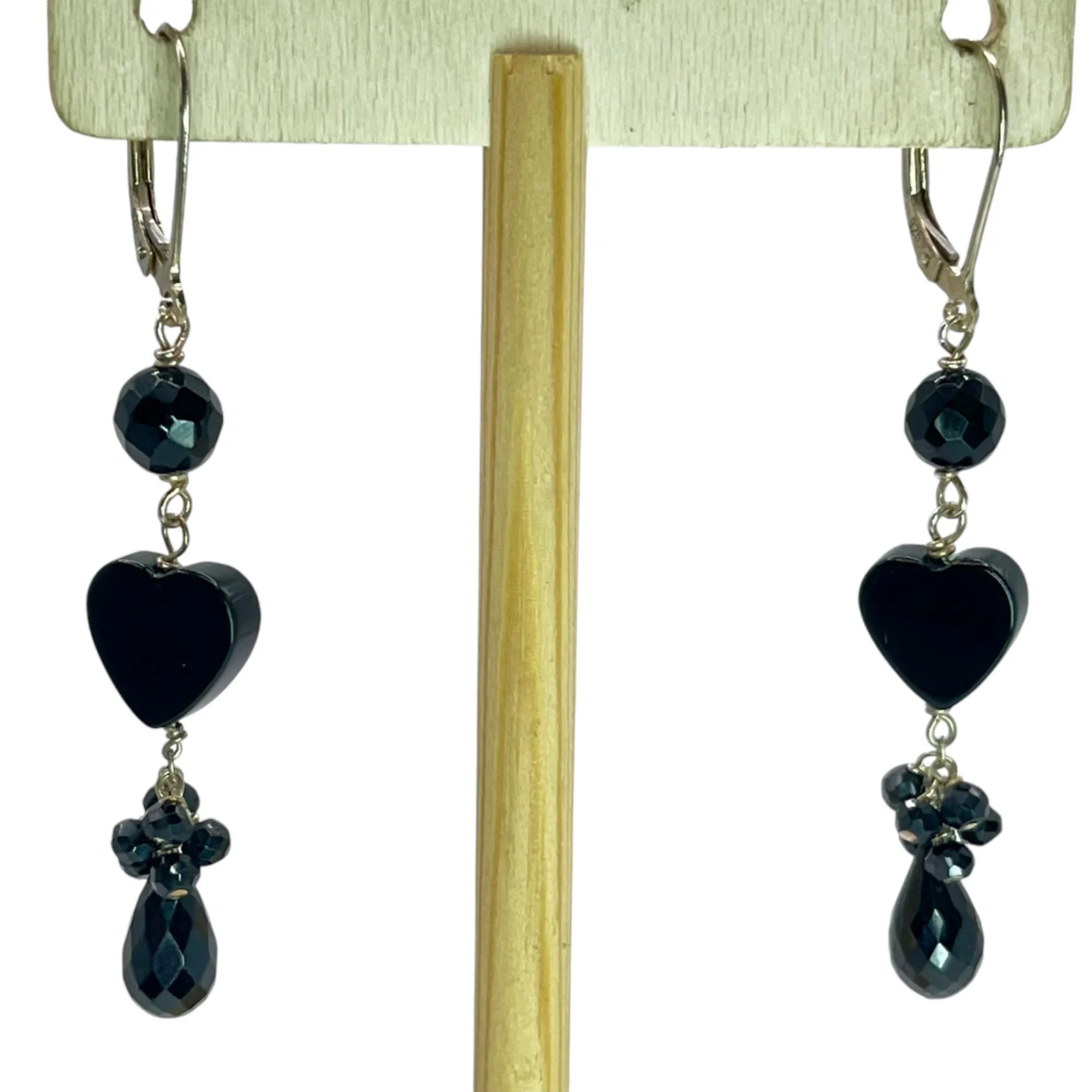 925 Sterling Silver Beaded Dangle Drop Lever back Earrings Heart Black Statement