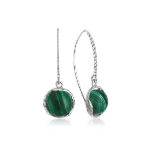 925 Sterling Silver Round Green Malachite 12mm Dangle Earrings