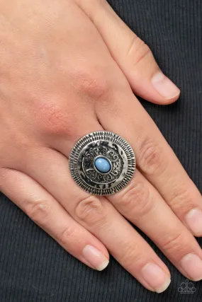All Things Must COMPASS - Blue - Beaded Silver Filigree Paparazzi Ring