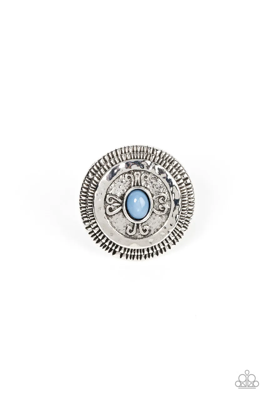 All Things Must COMPASS - Blue - Beaded Silver Filigree Paparazzi Ring