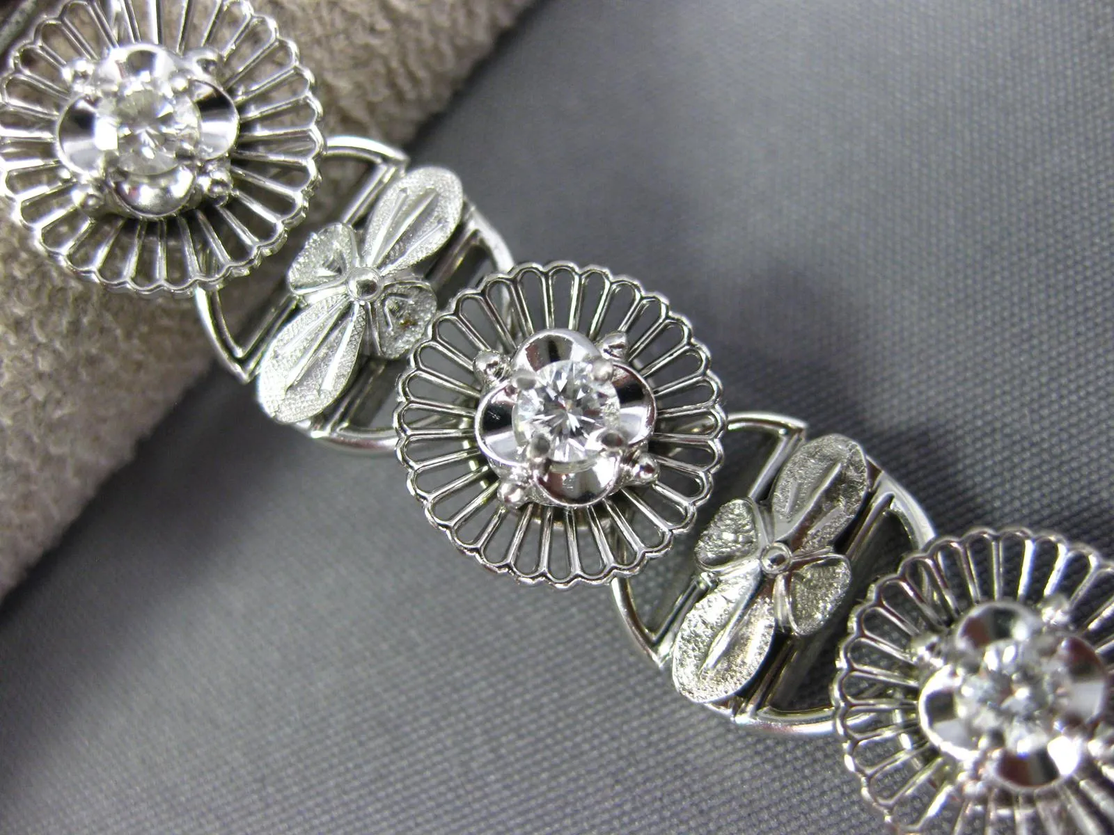 ANTIQUE .90CT OLD MINE DIAMOND 18K WHITE GOLD 3D FLOWER FILIGREE TENNIS BRACELET