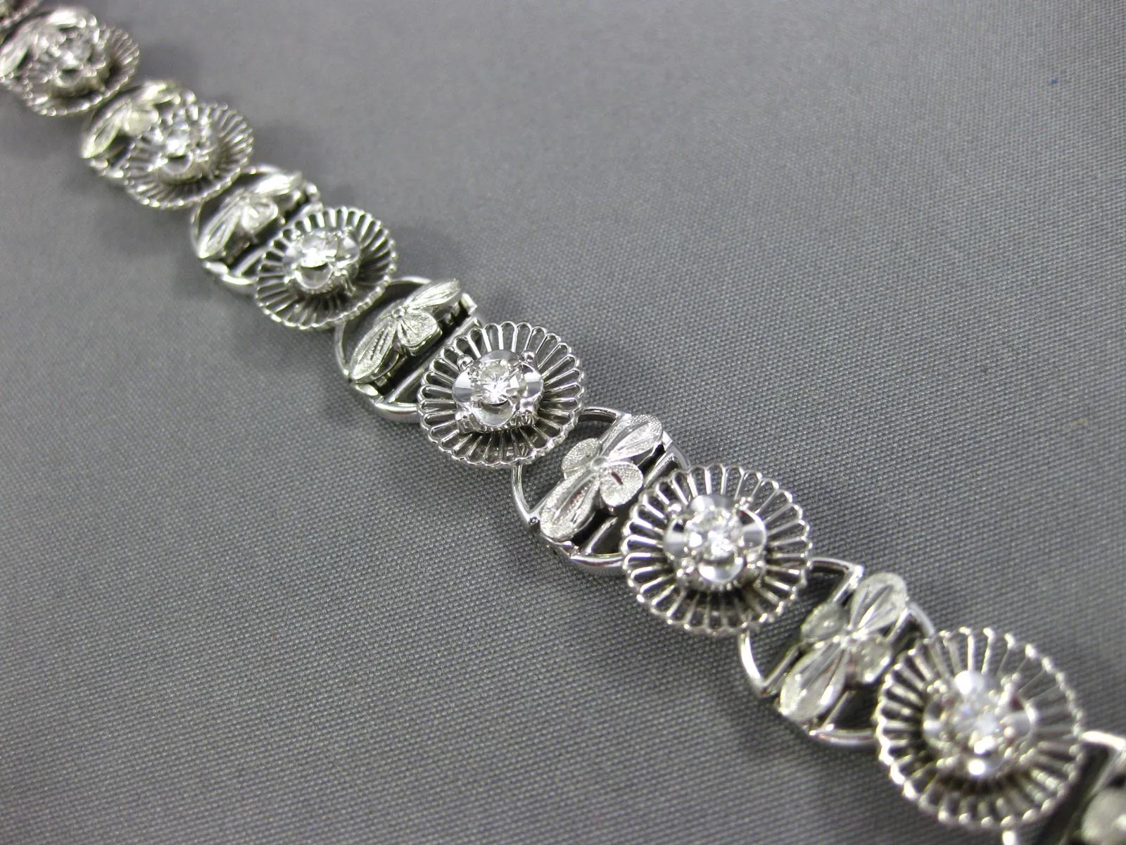 ANTIQUE .90CT OLD MINE DIAMOND 18K WHITE GOLD 3D FLOWER FILIGREE TENNIS BRACELET