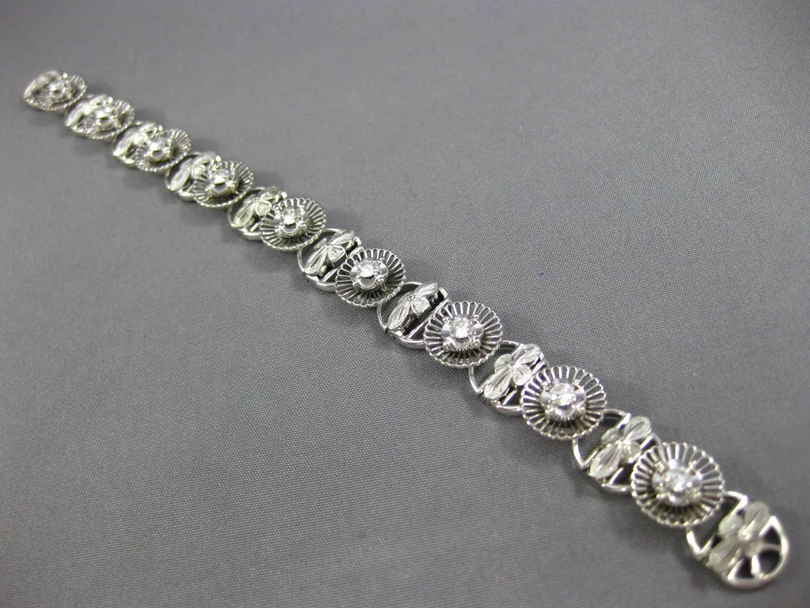 ANTIQUE .90CT OLD MINE DIAMOND 18K WHITE GOLD 3D FLOWER FILIGREE TENNIS BRACELET