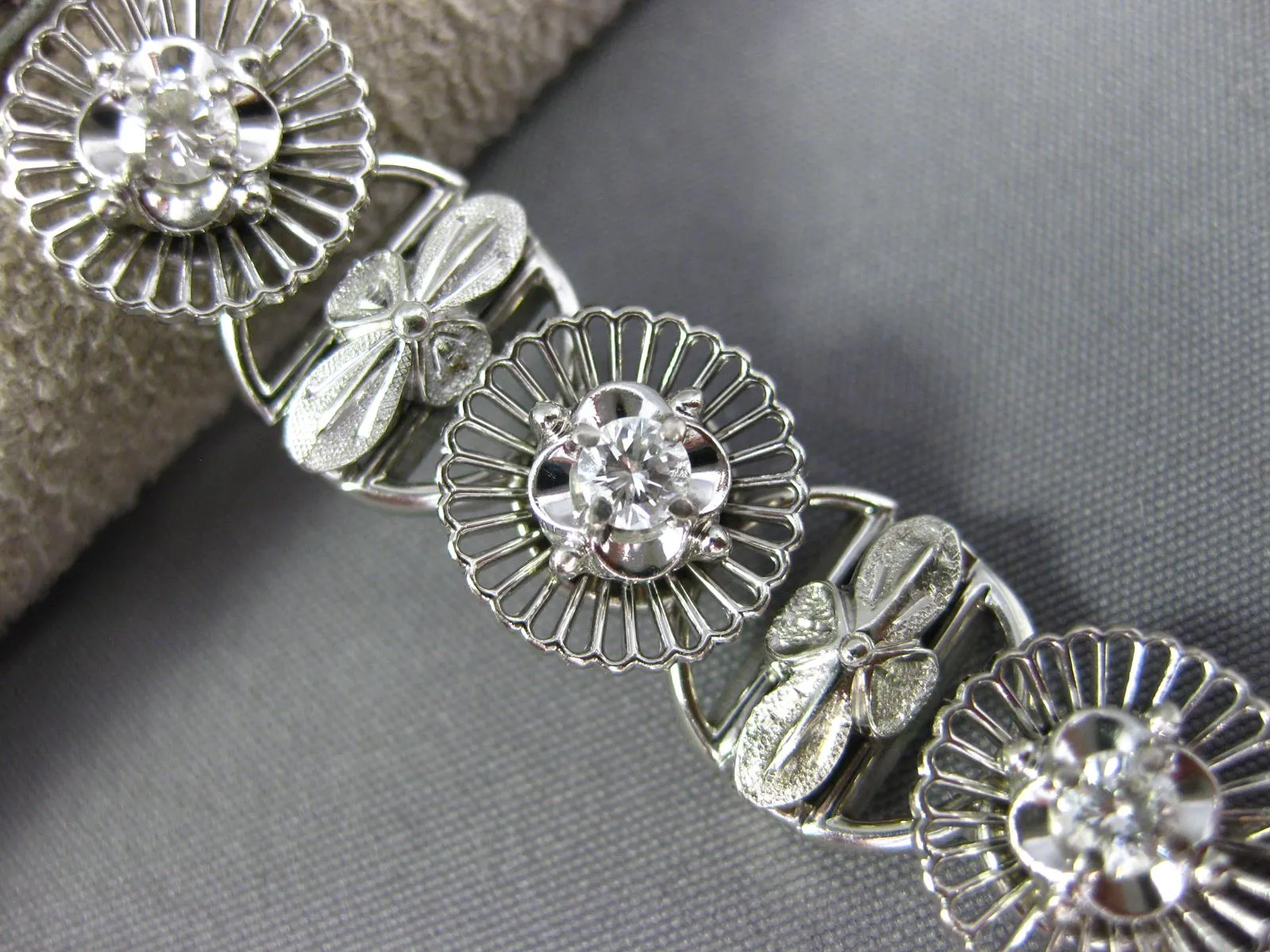 ANTIQUE .90CT OLD MINE DIAMOND 18K WHITE GOLD 3D FLOWER FILIGREE TENNIS BRACELET