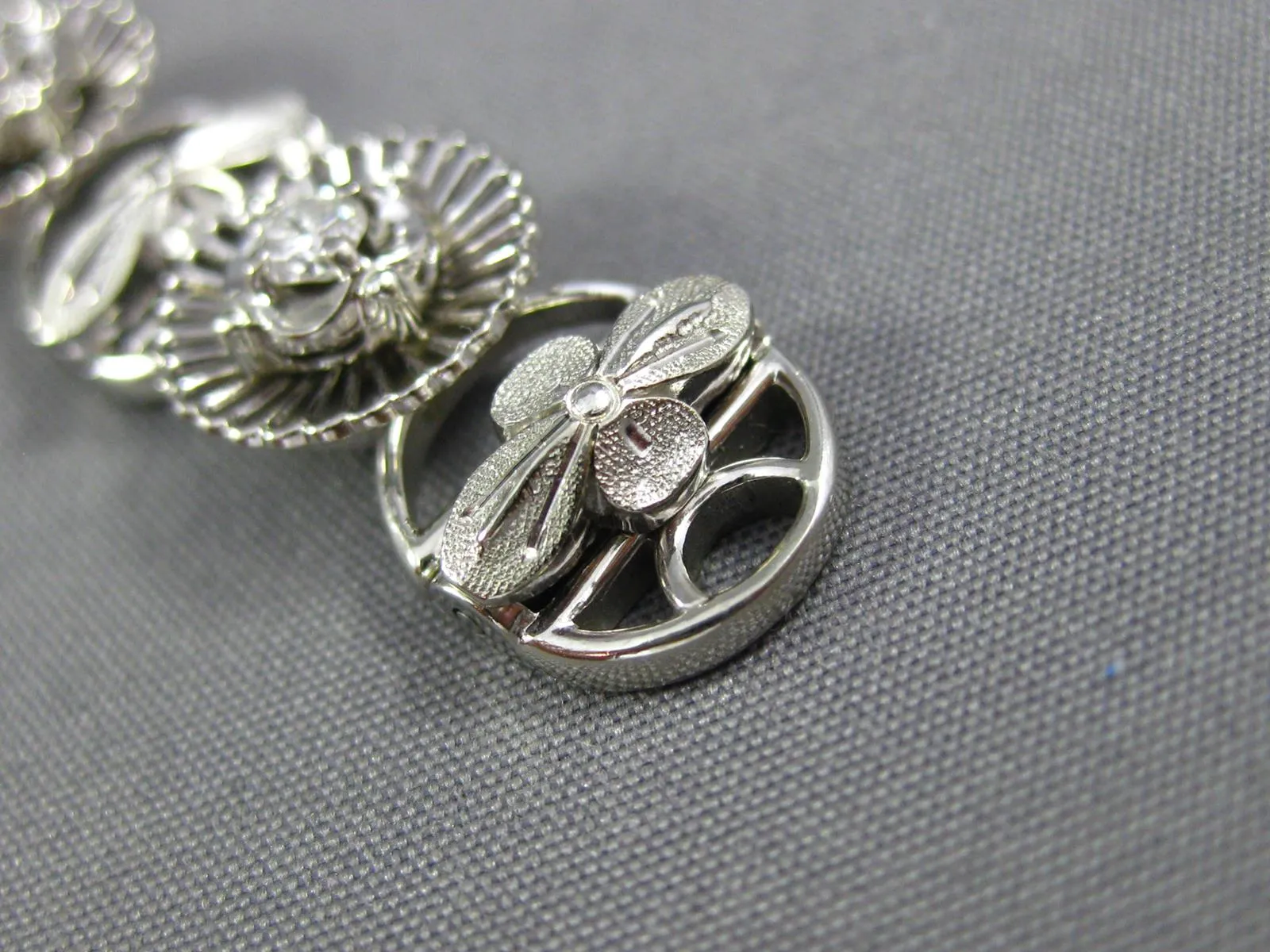 ANTIQUE .90CT OLD MINE DIAMOND 18K WHITE GOLD 3D FLOWER FILIGREE TENNIS BRACELET
