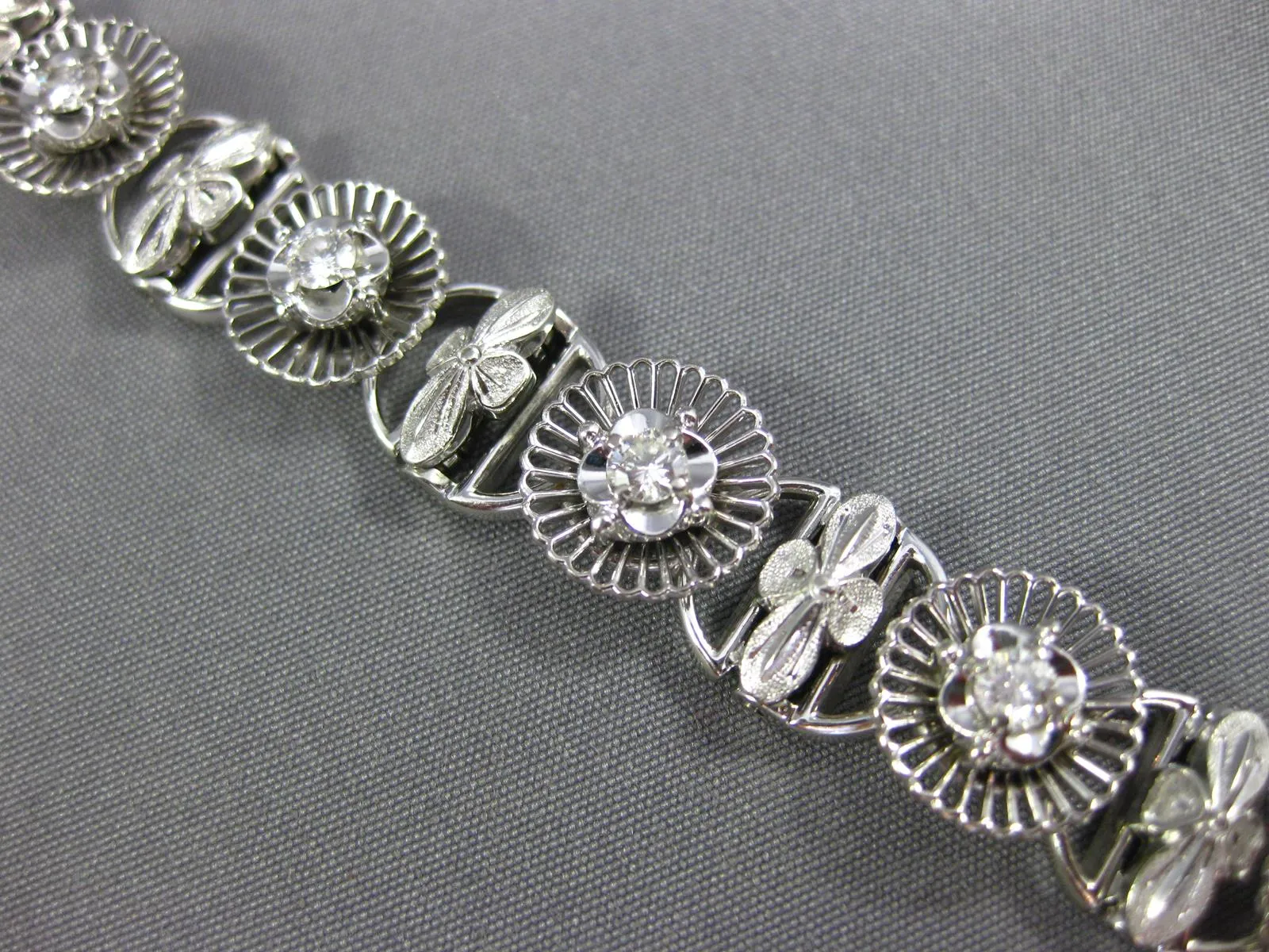 ANTIQUE .90CT OLD MINE DIAMOND 18K WHITE GOLD 3D FLOWER FILIGREE TENNIS BRACELET