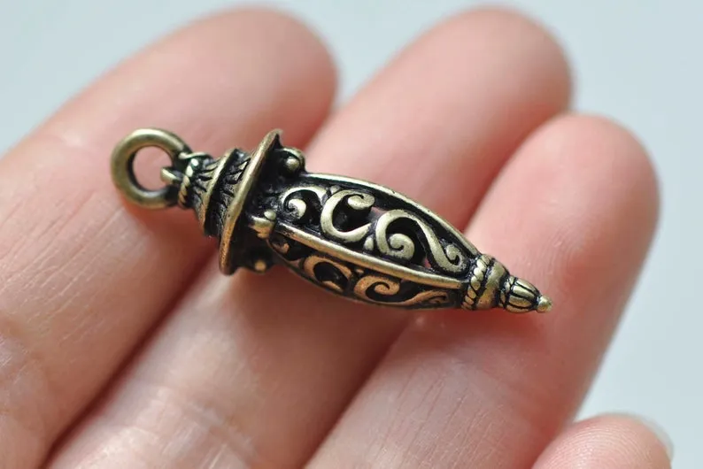 Antique Bronze 3D Filigree Lantern Lamp Long Pendant 11x35mm Set of 6